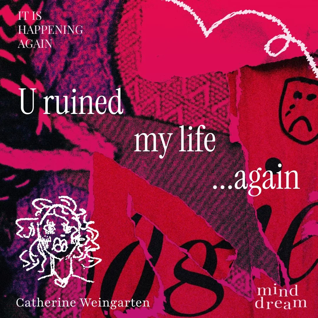 Book cover with pink and purple abstract background, featuring the title 'U ruined my life...again' and the author's name, Catherine Weingarten.