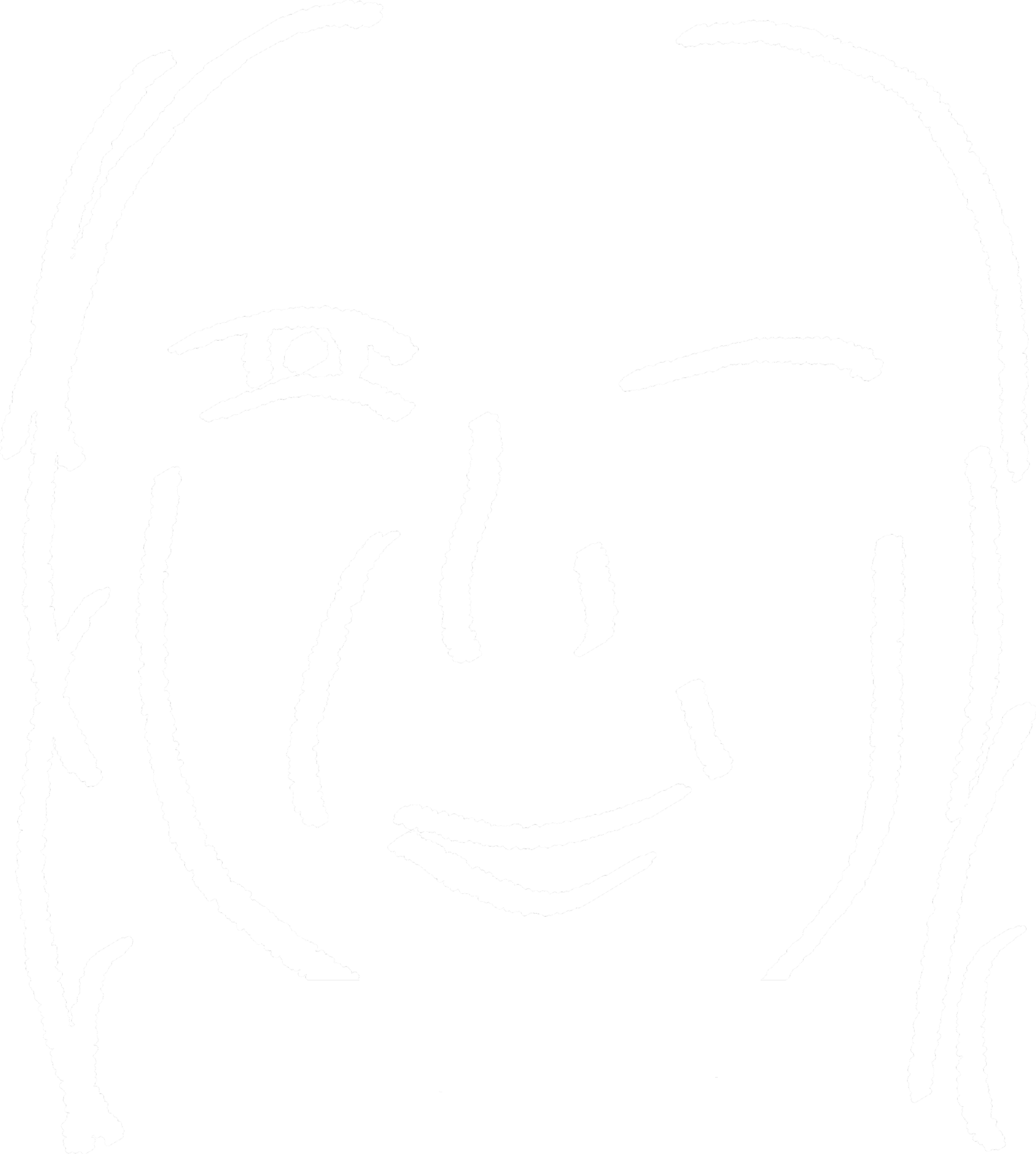 Line drawing of a smiling person's face with eyes closed, winking, and long hair.