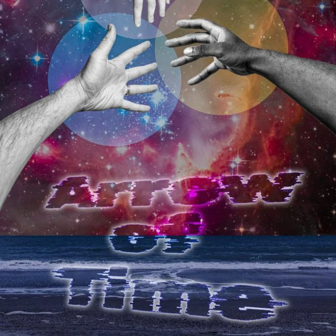 Black and white hands reaching towards each other in front of a cosmic, starry background with the words "ALTERED" and "time" reflected in water.