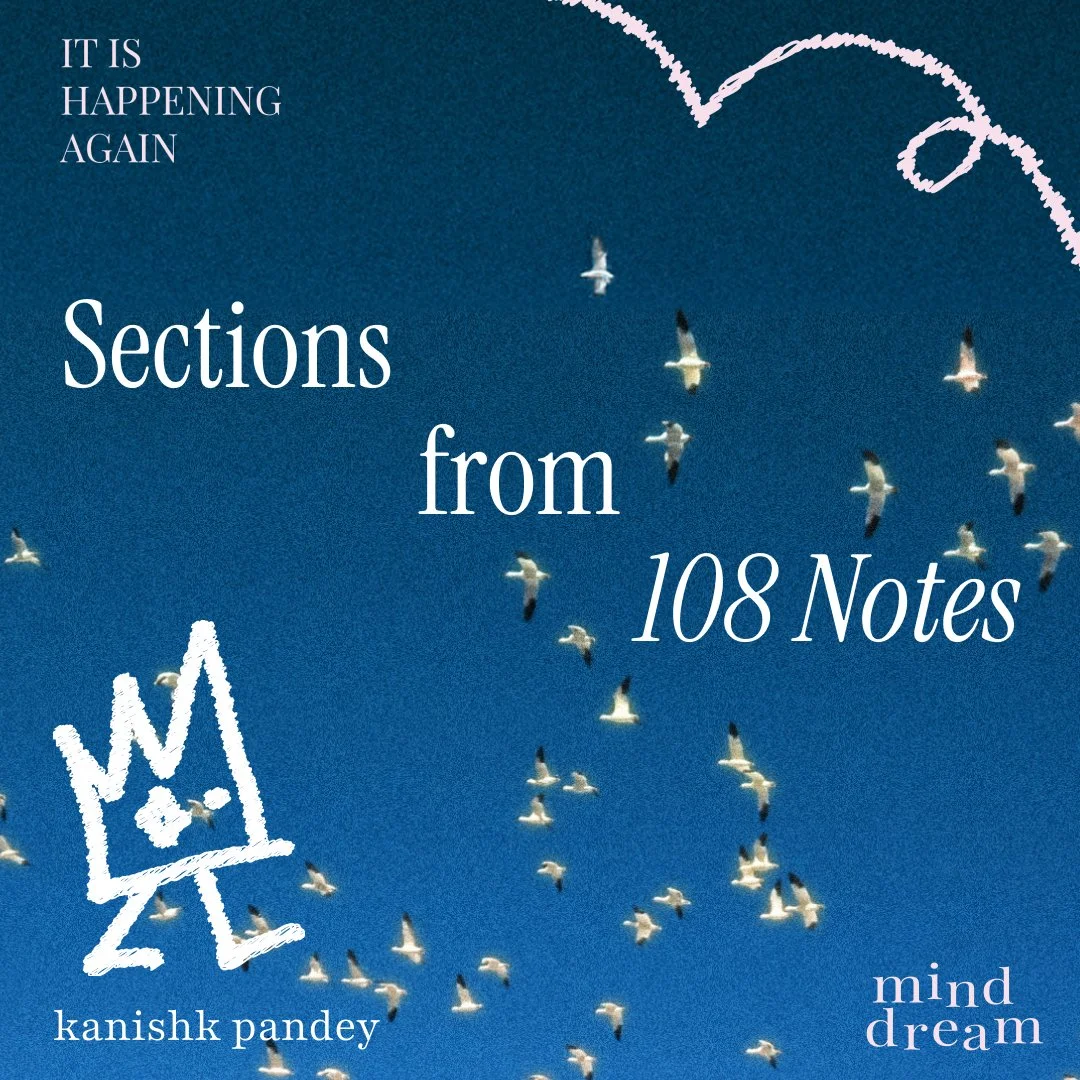 Sky filled with flying seagulls against a blue background with white doodles and text promoting a book titled 'Sections from 108 Notes' by Kanishk Pandey, with the phrases 'It is happening again' and 'mind dream'.