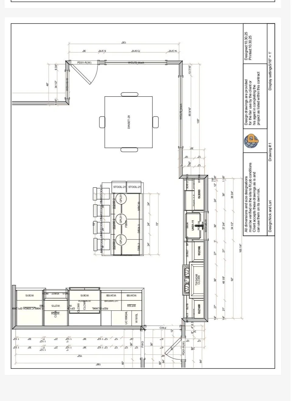 Floor plan layout of a room with furniture, kitchen, and storage areas, including dimensions and annotations.