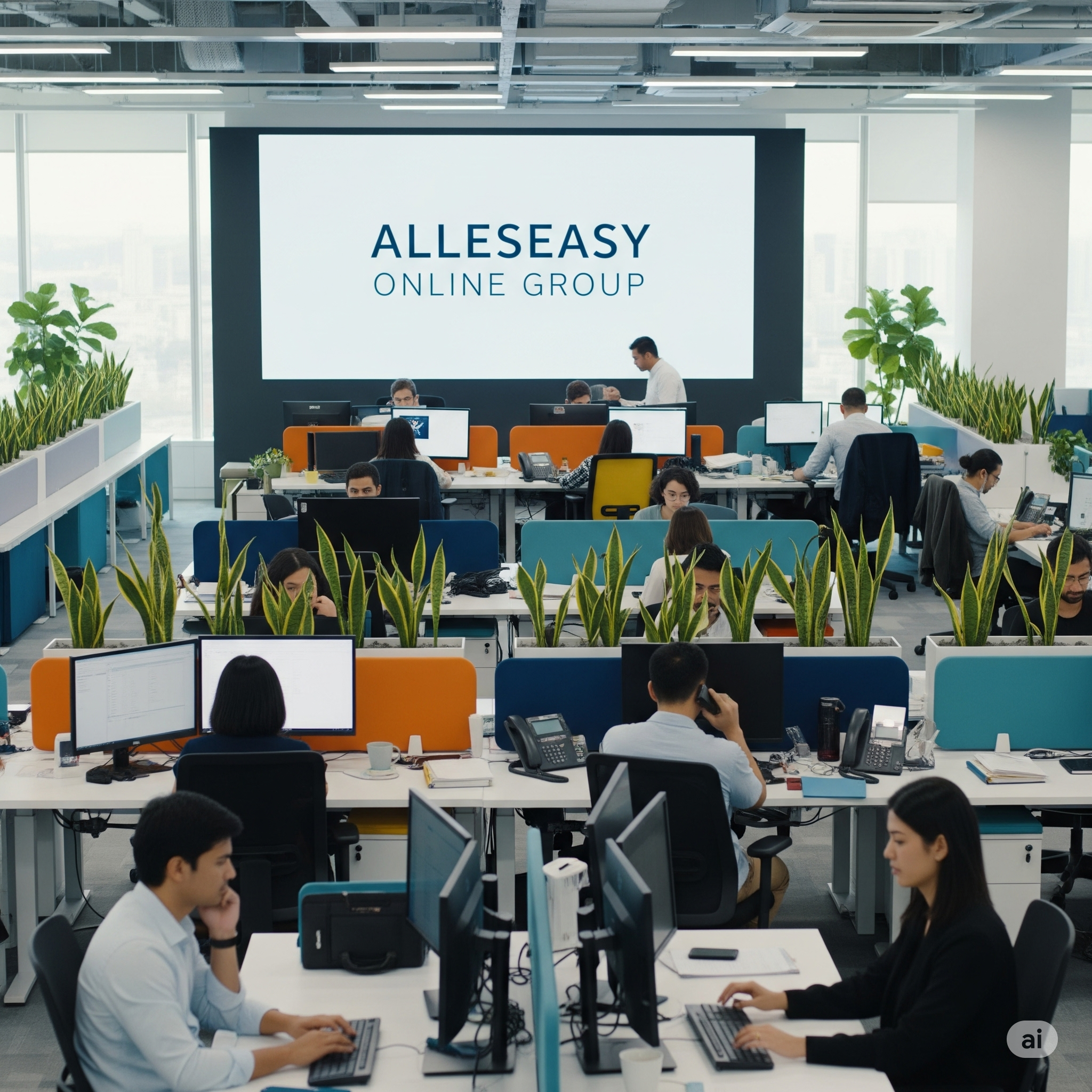 Büro mit Mitarbeitern, die an Computern arbeiten, und einem großen Bildschirm mit der Aufschrift 'ALLESAY ONLINE GROUP' im Hintergrund.