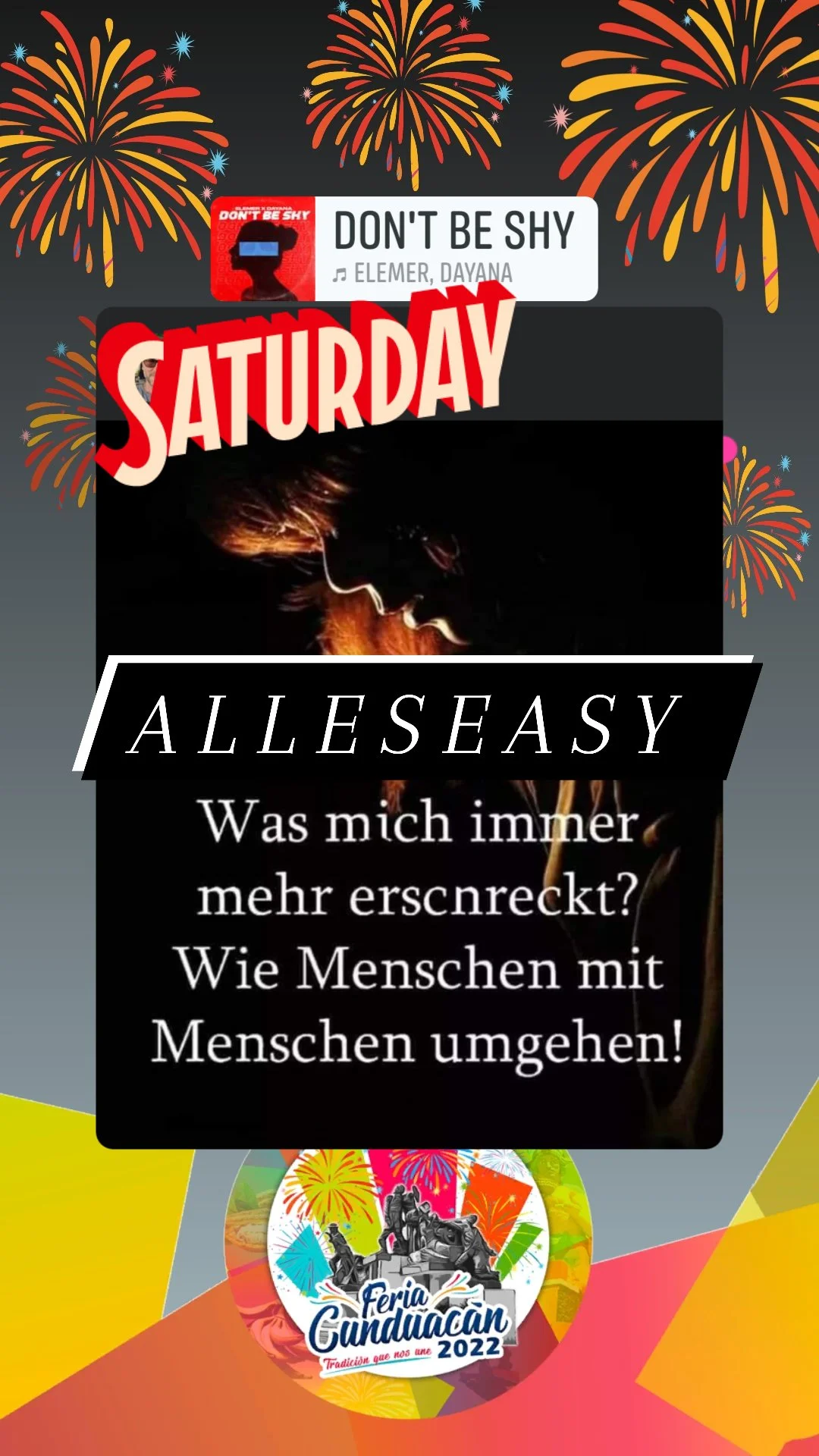 Feuerwerk über einer Feiergemeinschaft mit Text und Label für die Feria de Cunduacán 2022 in Mexiko. Alleseasy 