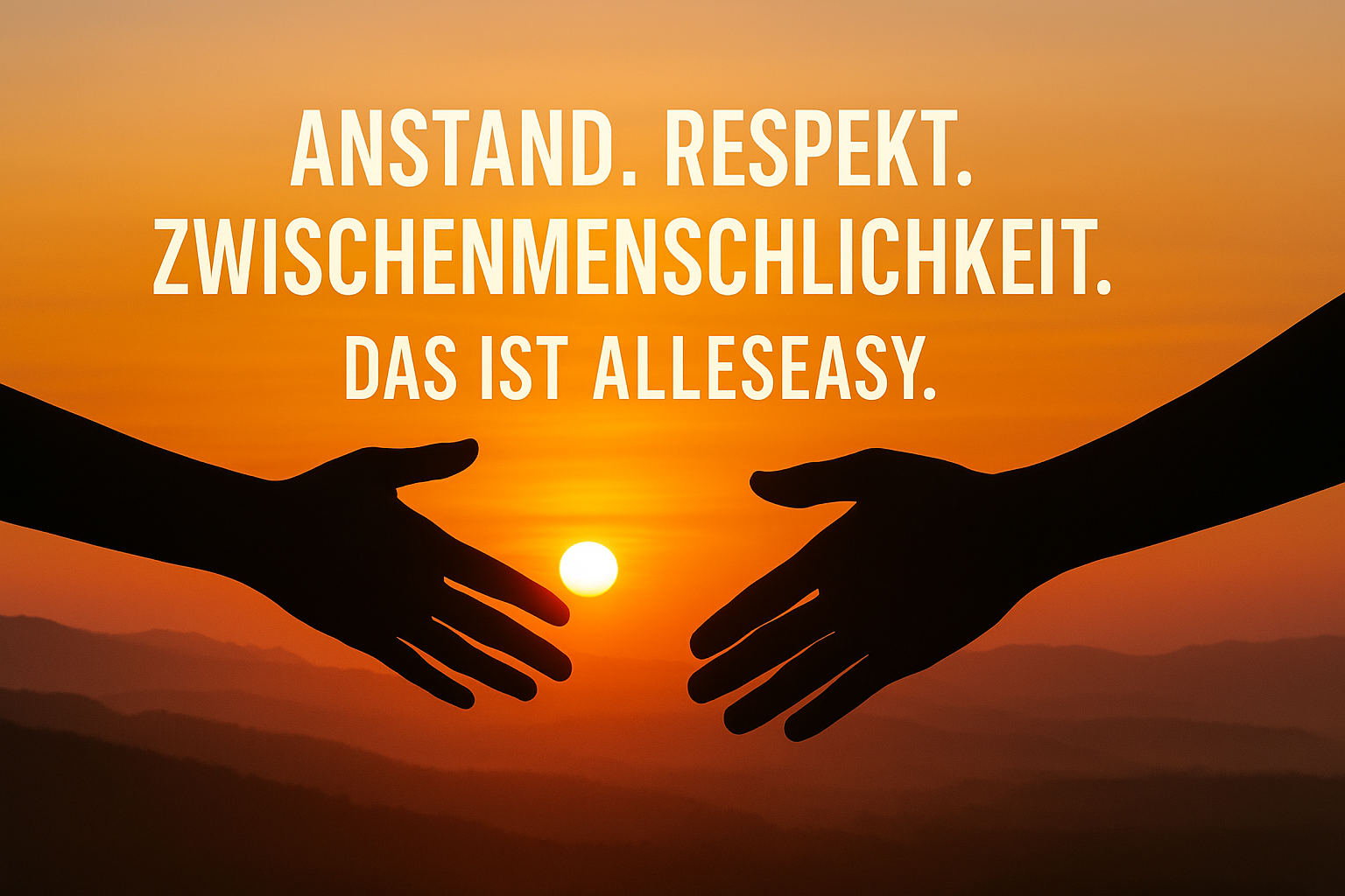 Silhouette zweier Hände, die sich bei Sonnenuntergang zu einem Handzeichen nähern, mit einem orangefarbenen Himmel im Hintergrund.