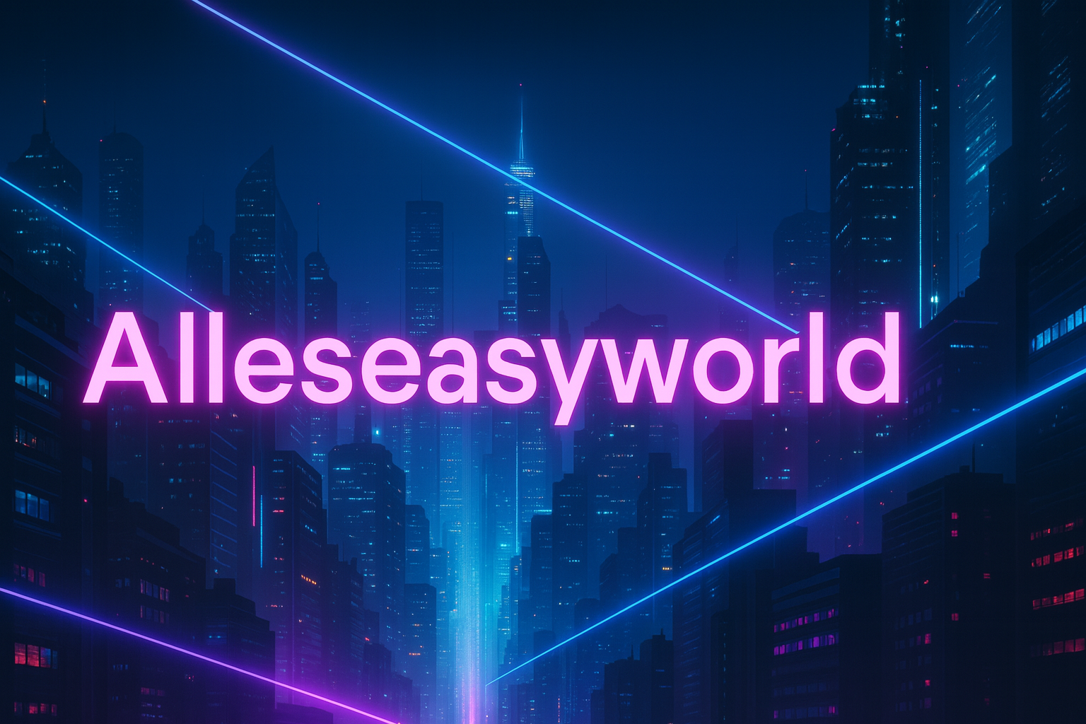 Neon-beschriebenes Stadtbild bei Nacht mit hoch aufragenden Wolkenkratzern und blauen Lichtern, im Vordergrund der Schriftzug 'Allesasysworld' in pinken Neonfarben.