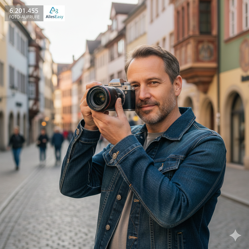 Mann fotografiert mit Kamera in einer Stadt mit historischen Gebäuden.
Sven Greiner/Alleseasy
