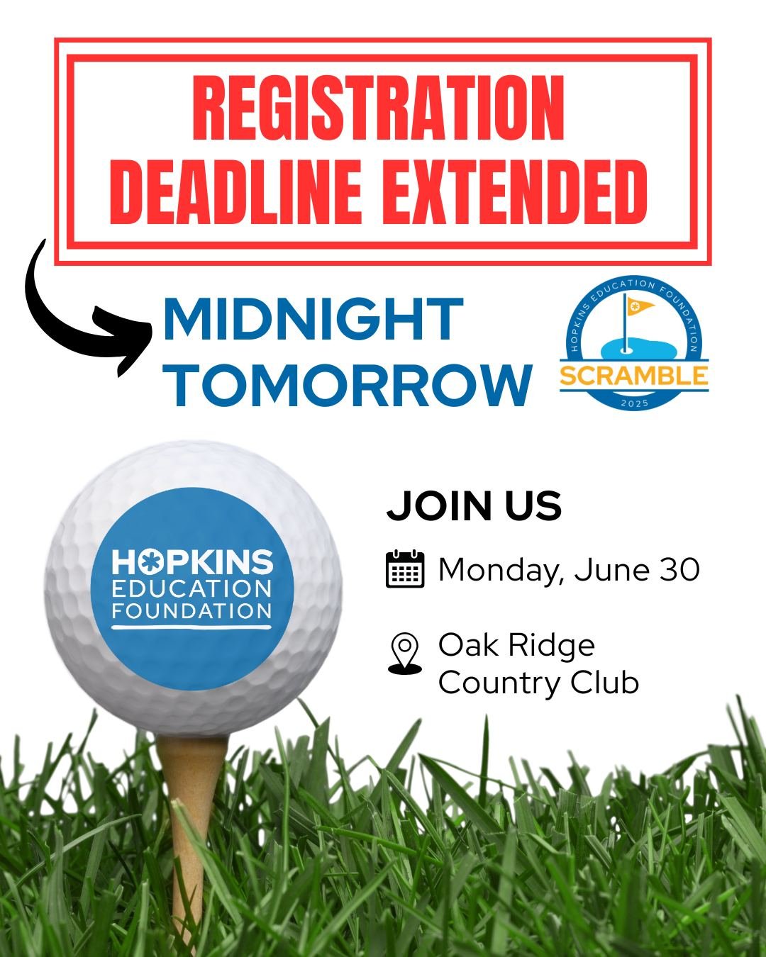 ⛳ ACT NOW! Registration for our HEF Golf Scramble has been extended through midnight tomorrow, Wednesday, June 18. Grab your clubs and join us on the links on June 30 to golf at the amazing @oakridgemn in support of Hopkins schools. Link in bio