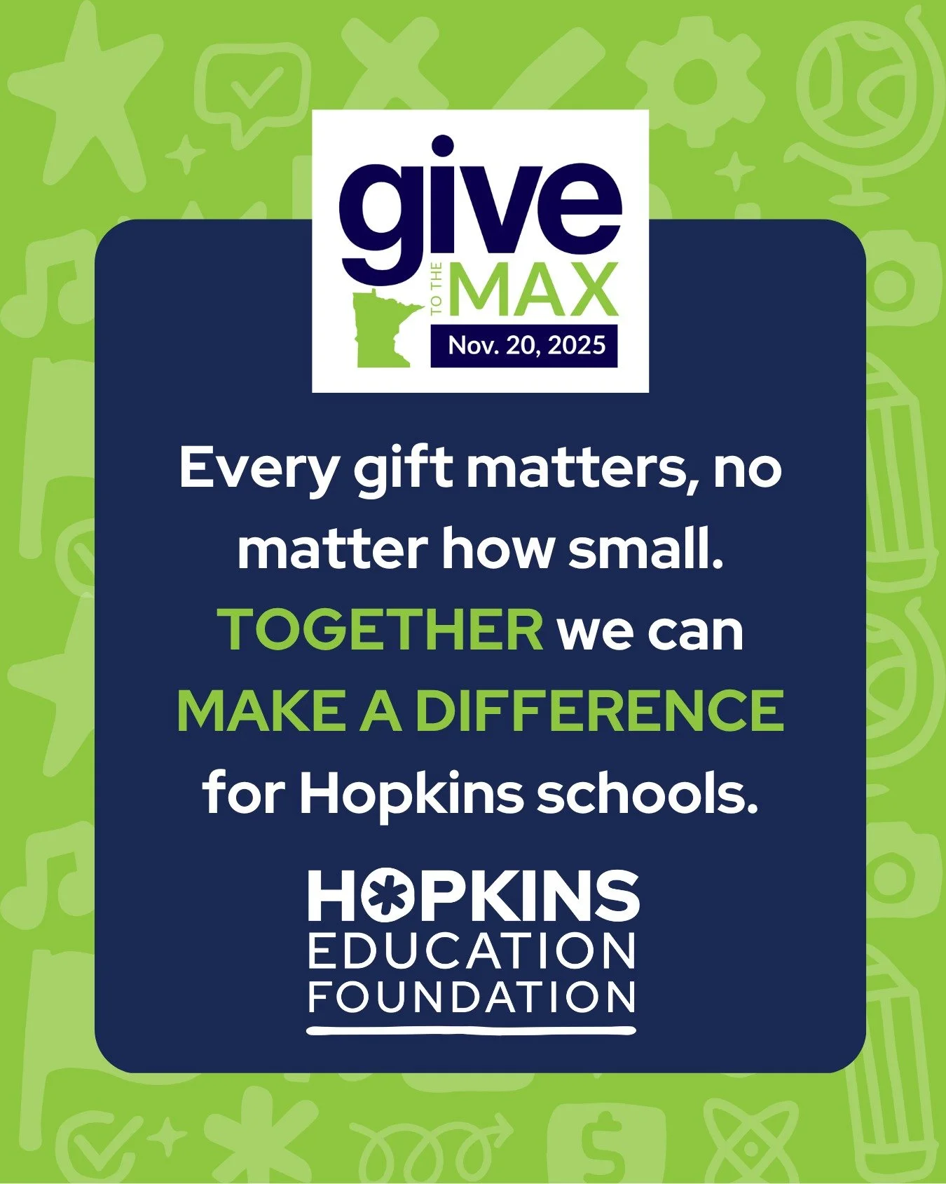 Next Thursday is Give to the Max Day! It's a great time to think about ways you can make a difference in your community. Consider making a gift to support our grants that kickstart learning in Hopkins Public Schools. For our 30th anniversary, how abo