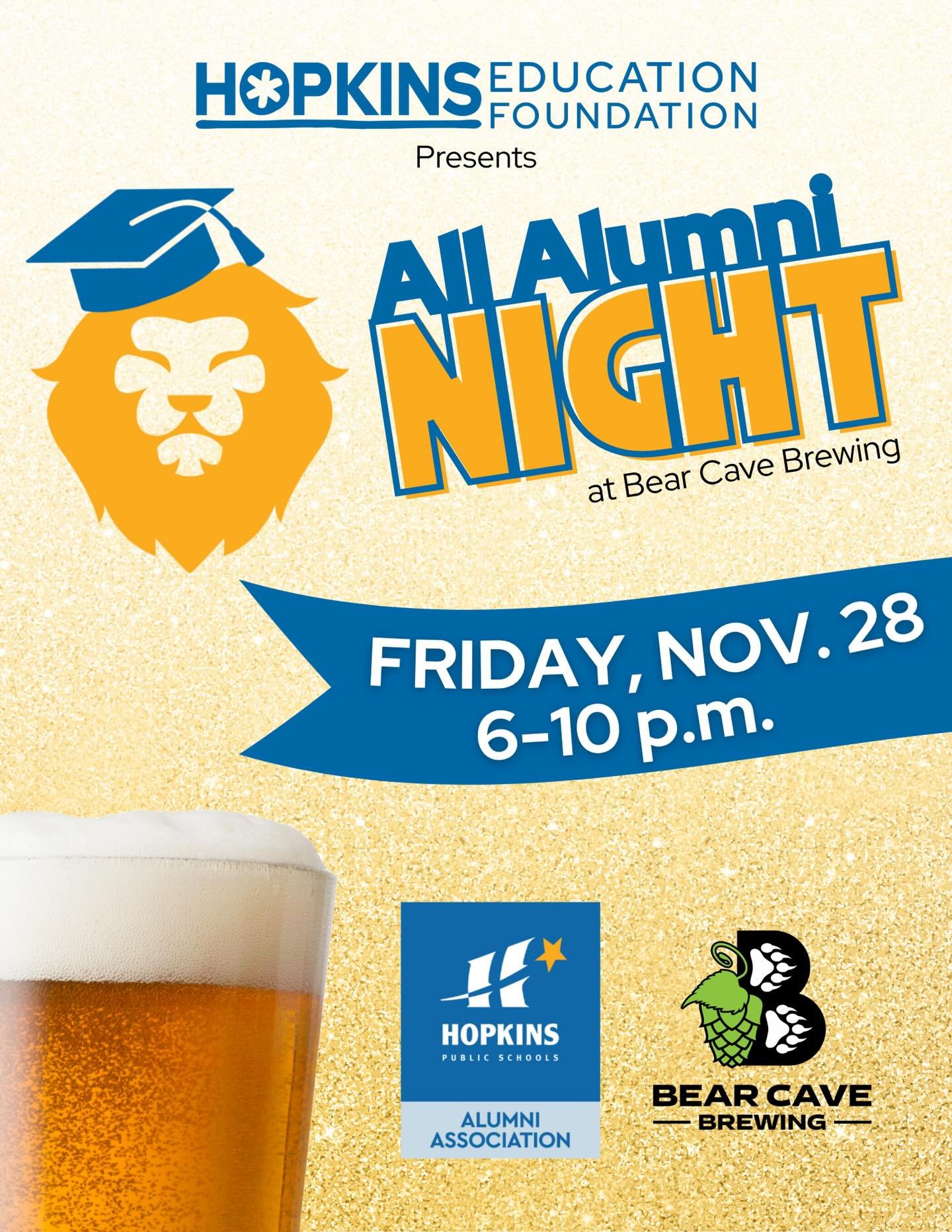 Calling all alumni: Stop by @bearcavebrewing from 6-10 p.m. THIS FRIDAY, November 28, for All Alumni Night! We welcome former Hopkins Royals, Eisenhower Warriors, Lindbergh Flyers, and Golden Valley Vikings, as well as retired teachers. Hopkins Educa