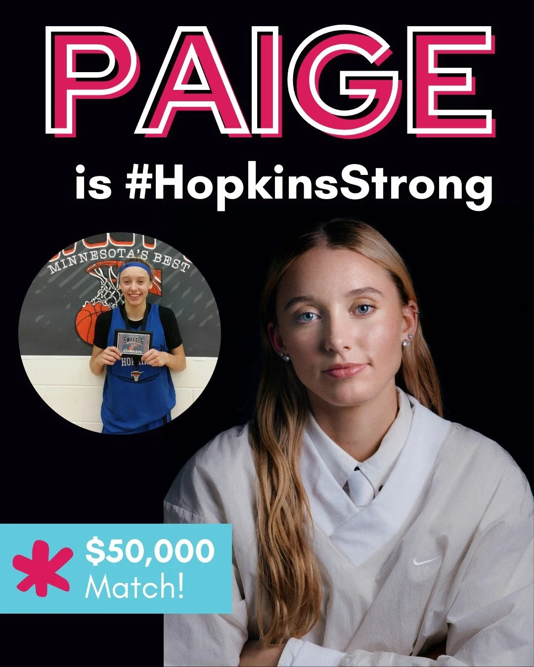 🎉🏀 BIG NEWS 🎉🏀 
We are thrilled to announce that Hopkins grad and WNBA Rookie of the Year @paigebueckers  has generously offered to match the next $50,000 in donations to the #HopkinsStrong Relief Fund! #HopkinsStrong supports @hopkinsschools  st