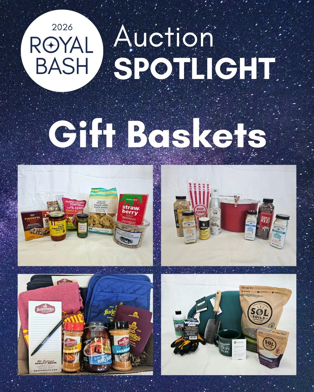 Whether you love popcorn or treats, or you enjoy grilling or gardening, there's a gift basket for you in the Royal Bash silent auction. Remember, you can bid as an attendee or virtual bidder. Auction link in bio. Search "basket" for more gi