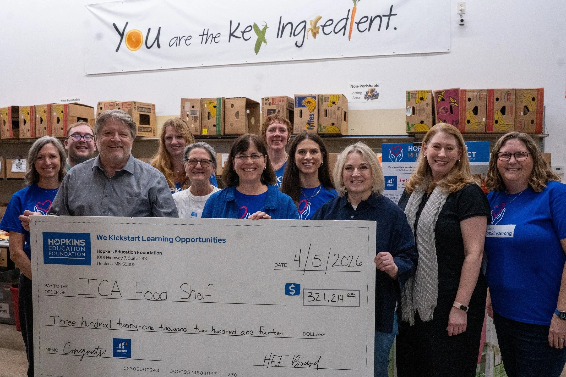 On Wednesday, April 15, the Hopkins Education Foundation presented $27,025 to the @icafoodshelf as part of the #HopkinsStrong Relief Fund, raising the total donated to $321,214. Since its inception, #HopkinsStrong has received contributions from more