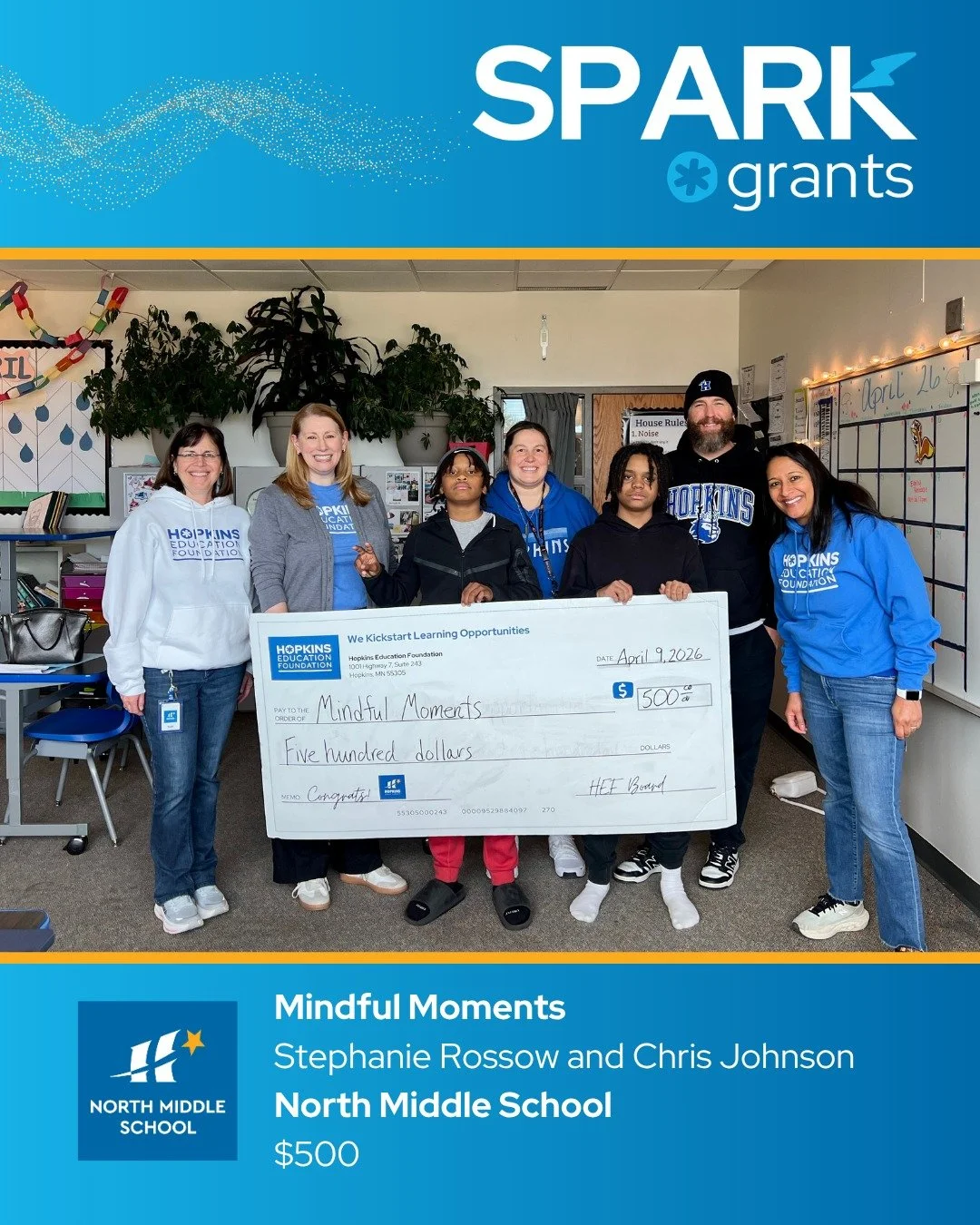 SPARK GRANT SPOTLIGHT
✨ Teachers Stephanie Rossow and Chris Johnson at North Middle School plan to refresh the school's setting 3 mindfulness room with updated regulation tools students can rely on every day. This calm, sensory-supportive space helps