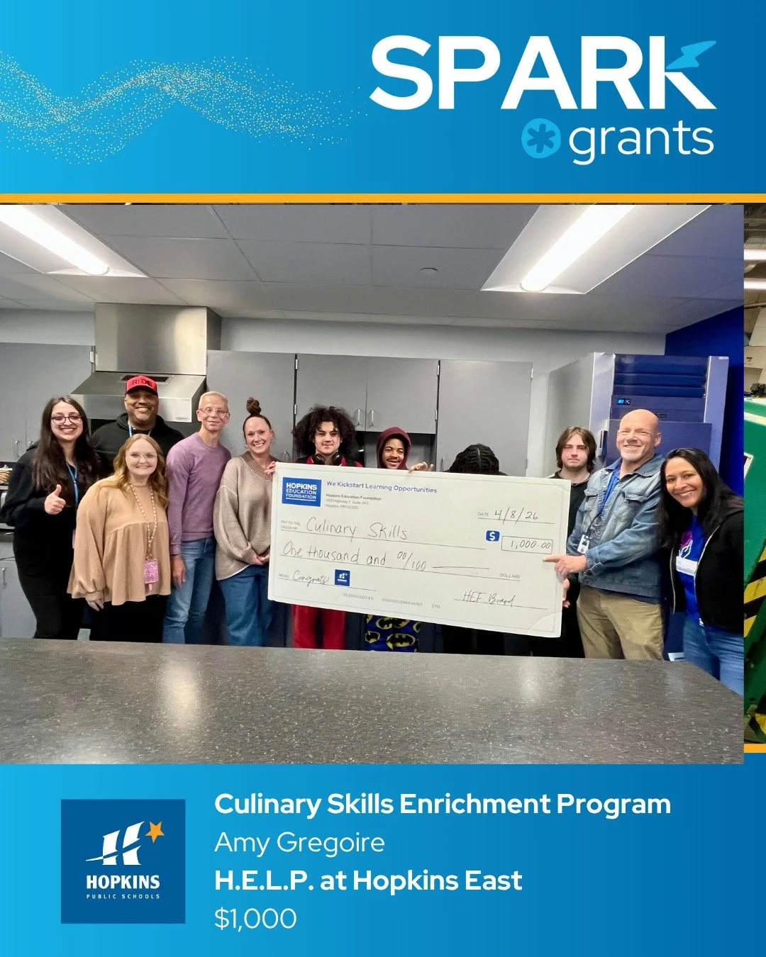 SPARK GRANT SPOTLIGHT
👩&zwj;🍳 The @hopkinsschools H.E.L.P. program at Hopkins East will bring a professional chef into the classroom for hands-on weekly workshops thanks to teacher Amy Gregoire. H.E.L.P. is a program for students who need intensive