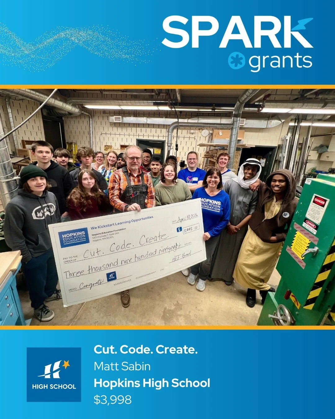 SPARK GRANT SPOTLIGHT
🛠️💻 New tools in @hopkinshigh270 Career &amp; Tech Ed will equip students for modern digital fabrication thanks to teacher Matt Sabin. With a handheld CNC router, learners will design, cut, and iterate&mdash;building CAD/CAM (