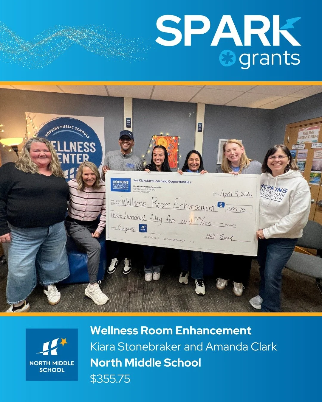 SPARK GRANT SPOTLIGHT
🌿 The wellness room at North Middle School is getting an upgrade with sensory-informed tools, calming lighting, flexible seating, and organized materials to support student regulation, thanks to Kiara Stonebraker. This space is