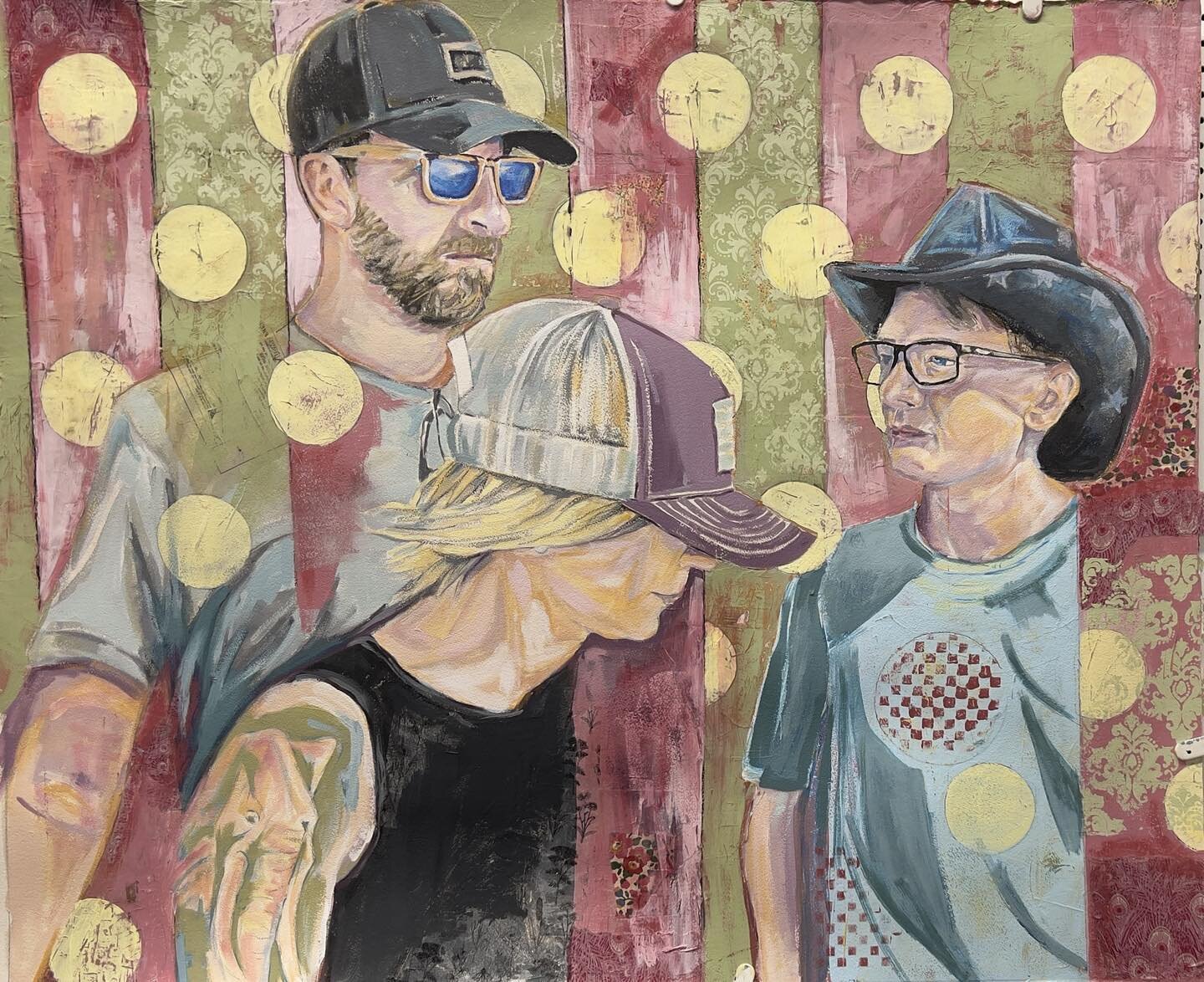 Very close to a finish&hellip; &ldquo;Searching For the Sun&rdquo;. My son and grandson and daughter-in-law❤️ #mixedmedia #artonpaper #connections #yyc #calgaryartistsstudiotour #CAST #summerfun #abstractedrealism