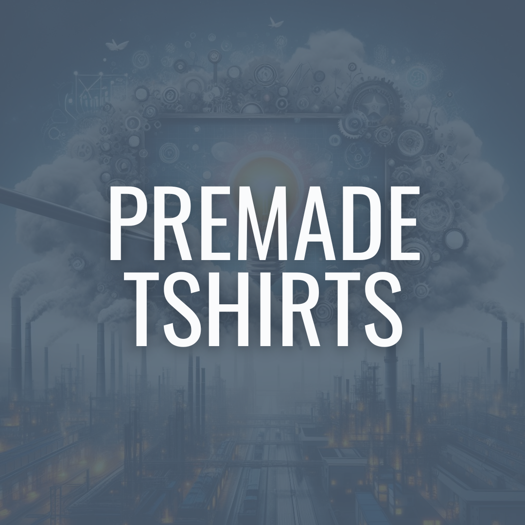 Futuristic industrial cityscape with smoke stacks, clouds, and a digital globe surrounded by technology icons in the background, overlaid with the text 'PREMADE TSHIRTS'.