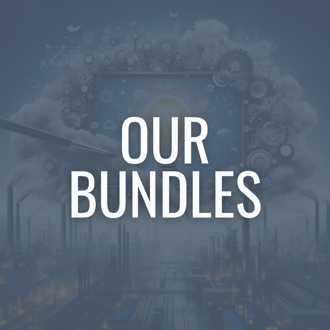 An industrial factory with smokestacks emitting smoke, set against a backdrop of clouds and scientific and technological icons, with text overlay that says 'Our Bundles'.