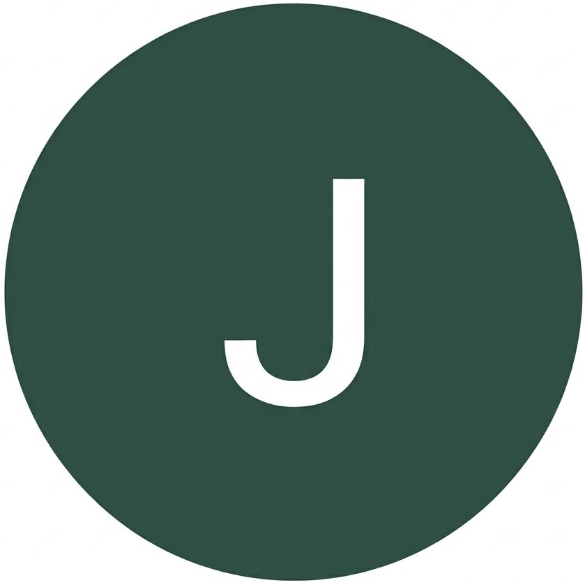 A dark green circle with a white letter J in the center.