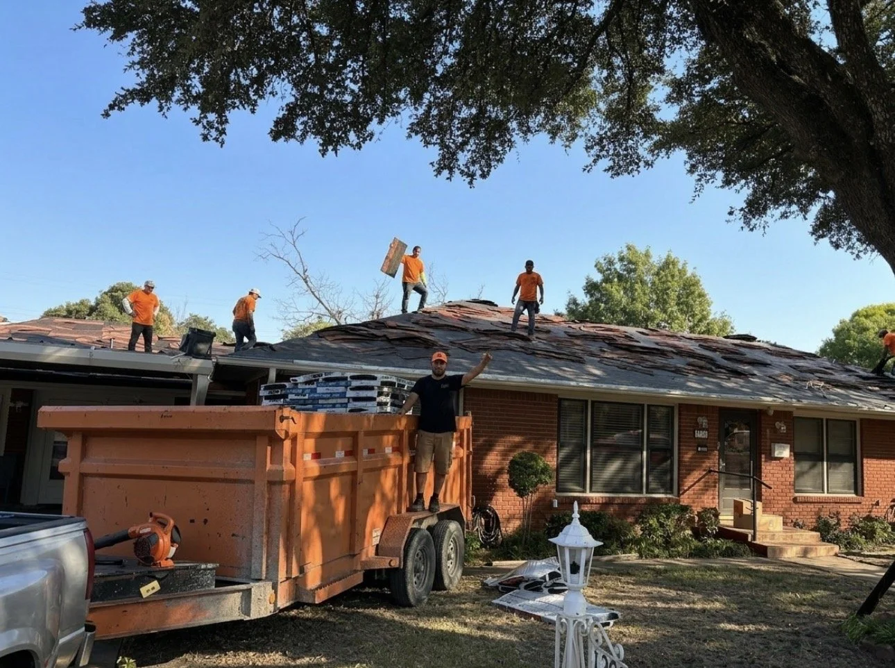 Workers replacing shingles on a house roof, one worker standing on the roof, others working, some holding tools, in front of a brick house with trees and a clear blue sky.