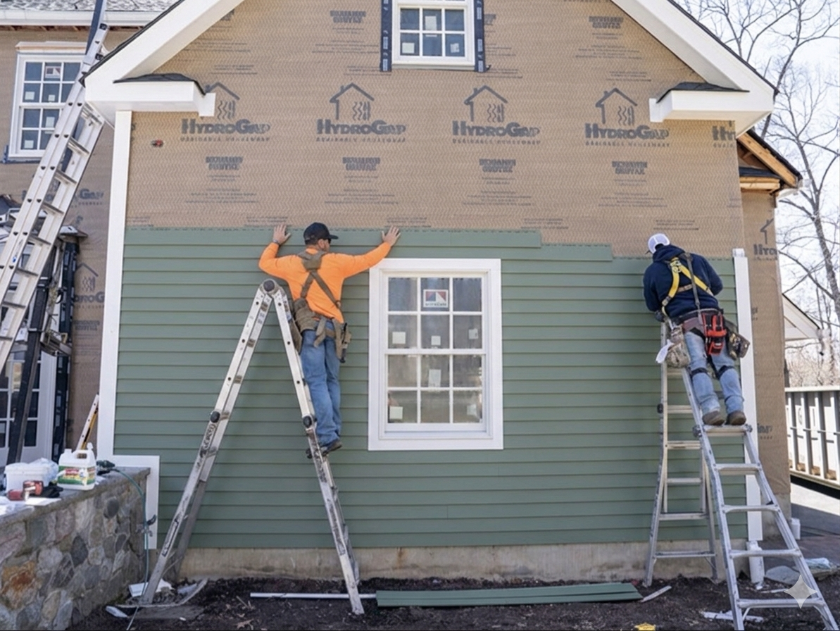 Inspire Roofing doing siding installation on the exterior of a house under construction in Waco, Tx