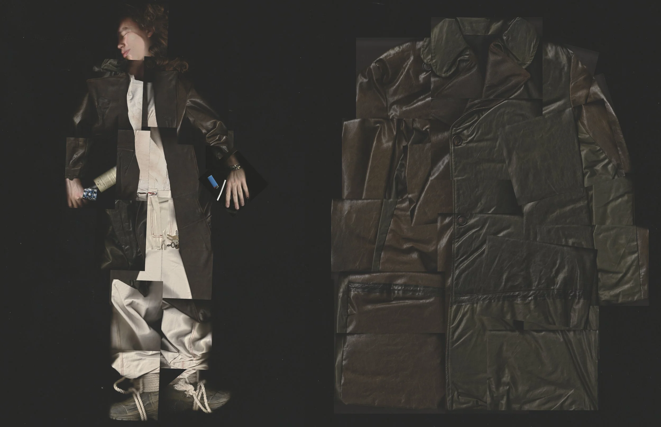 elliot in coat leather trench coat oversized street pant, and dirty tank top. scanned image of trench coat made from leather found of the street from couches. conor o'driscoll parsons fashion skinhead collection skins conor odriscoll