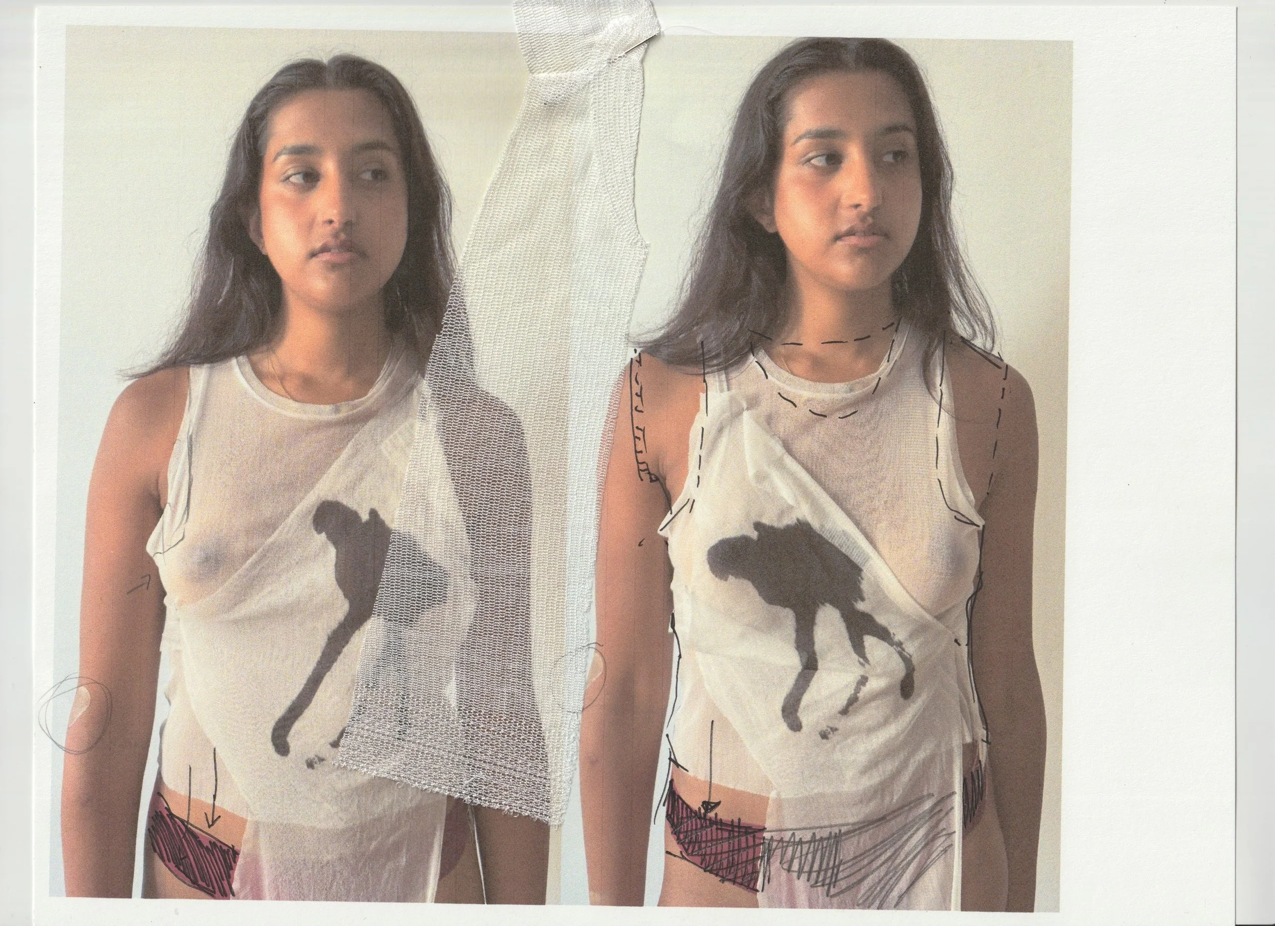 A girl is shown in two images, one with a picture of a INK SPILL on her shirt and one with cartoon sketches and lines added to her shirt, in a side-by-side comparison.conor o'driscoll