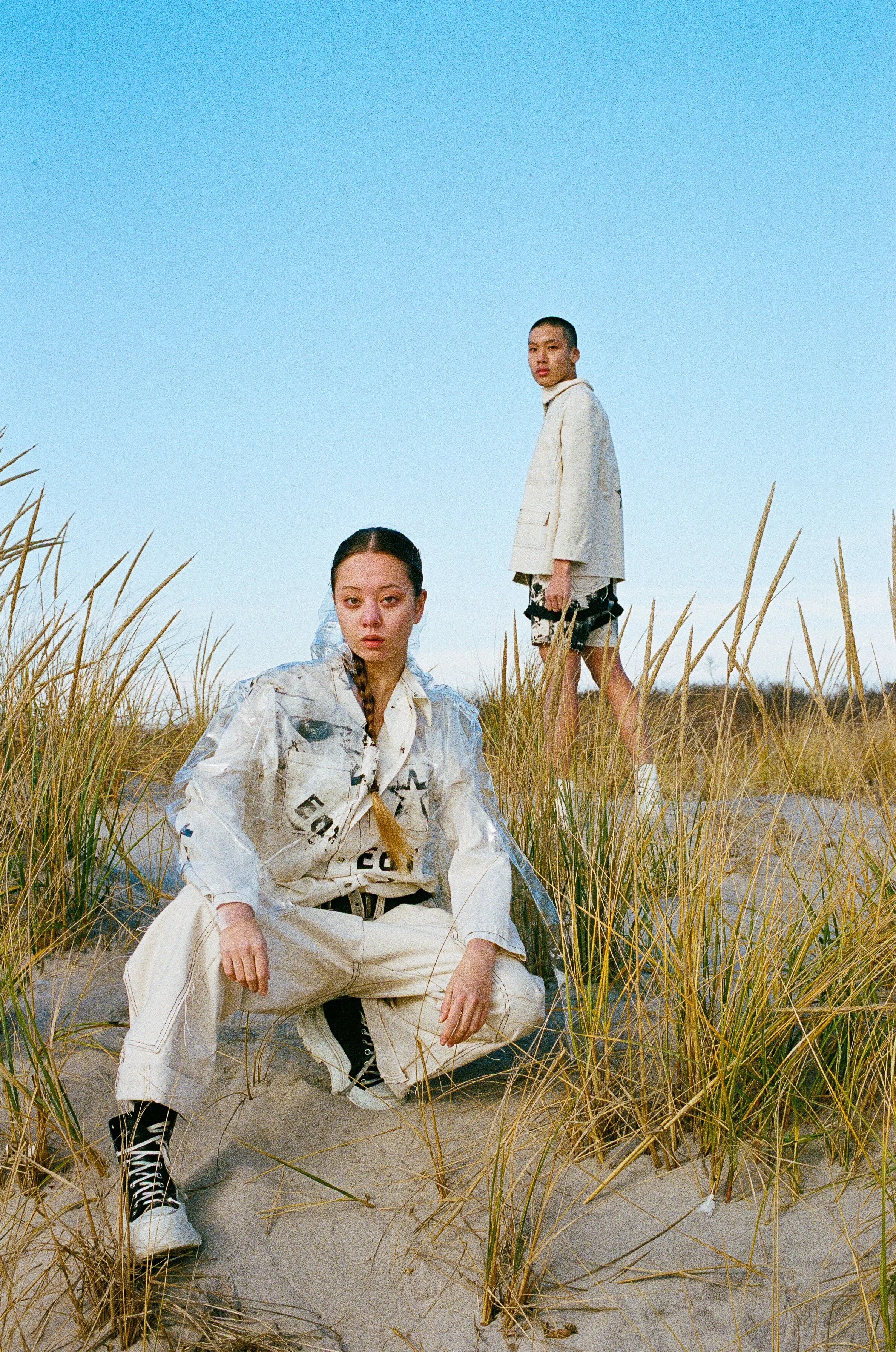 aisha zhanseit in star eat dress shirt napan lee in canvas jacket by conor odriscoll defective workwear 22 shot by thomas paul walsh new york city nyc rockaway