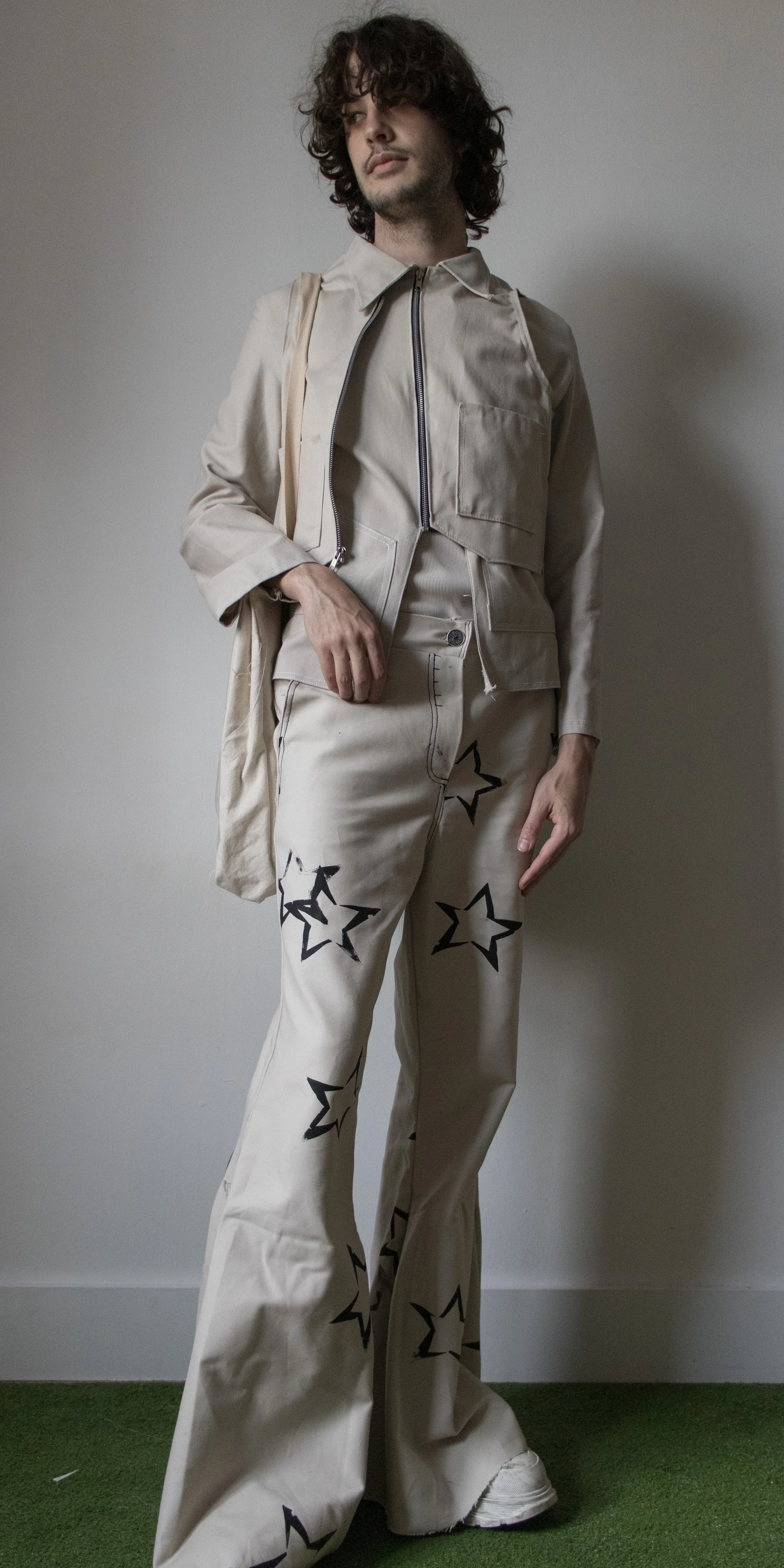 darcy wrapped vest jacket star oversized pants clear waterproof bag wearing by conor odriscoll for defective workwear collection conor o'driscoll new york city nyc