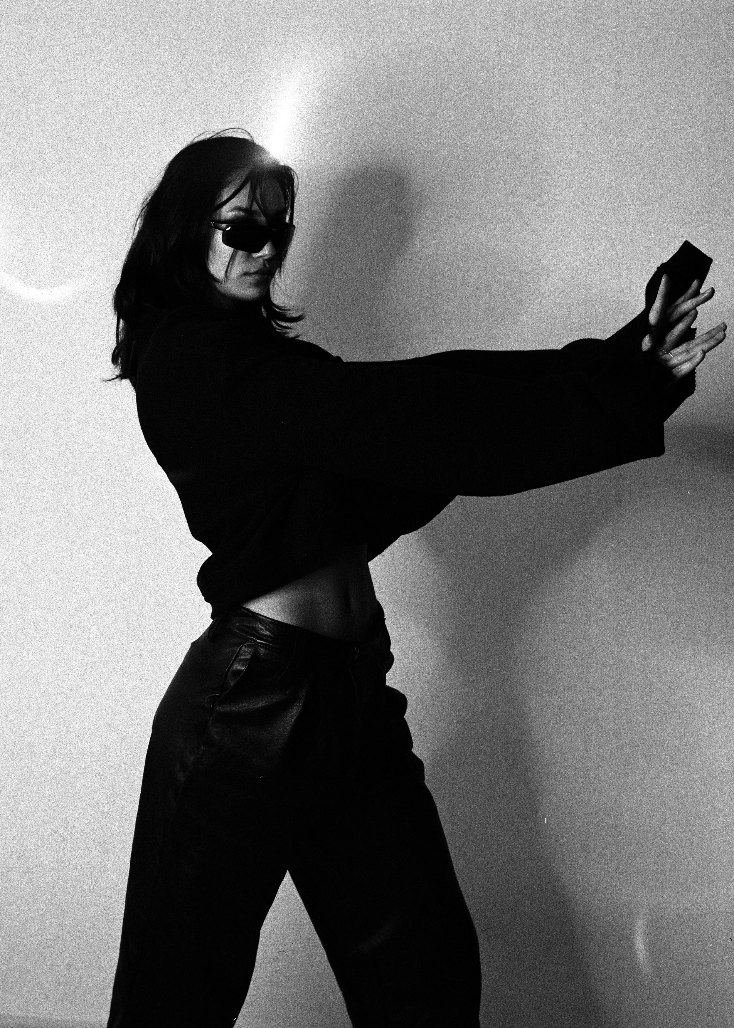 sharon bruck for conor odriscoll cult collection wearing leather pants workship crewneck