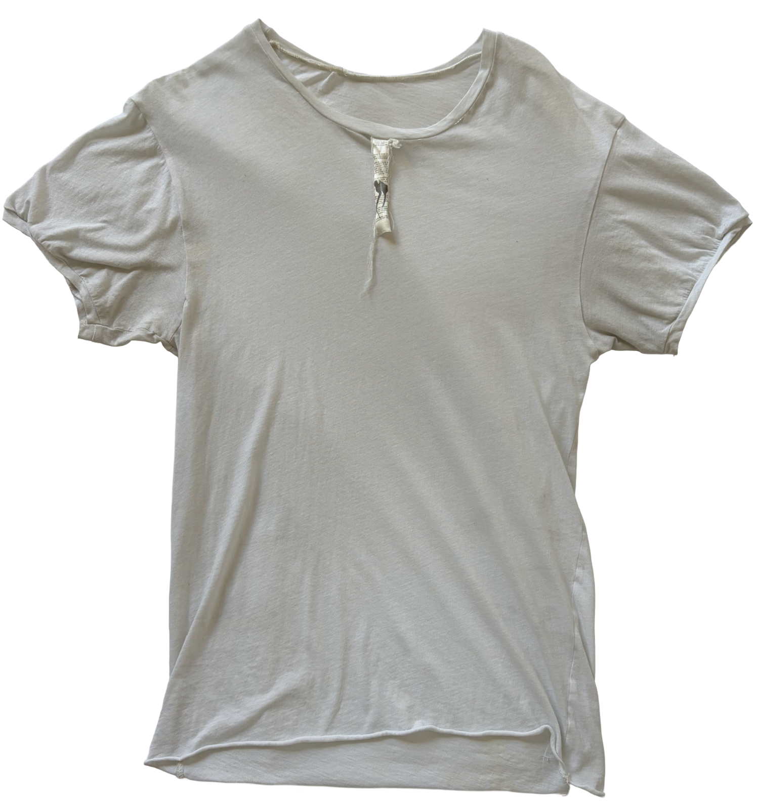 sheer slub jersey baby t-shirt with printed silk tag detail at center front, slight twisted side seams, overlocked seams, rib at sleeve hem, and signature raw shirt hem. by conor o'driscoll