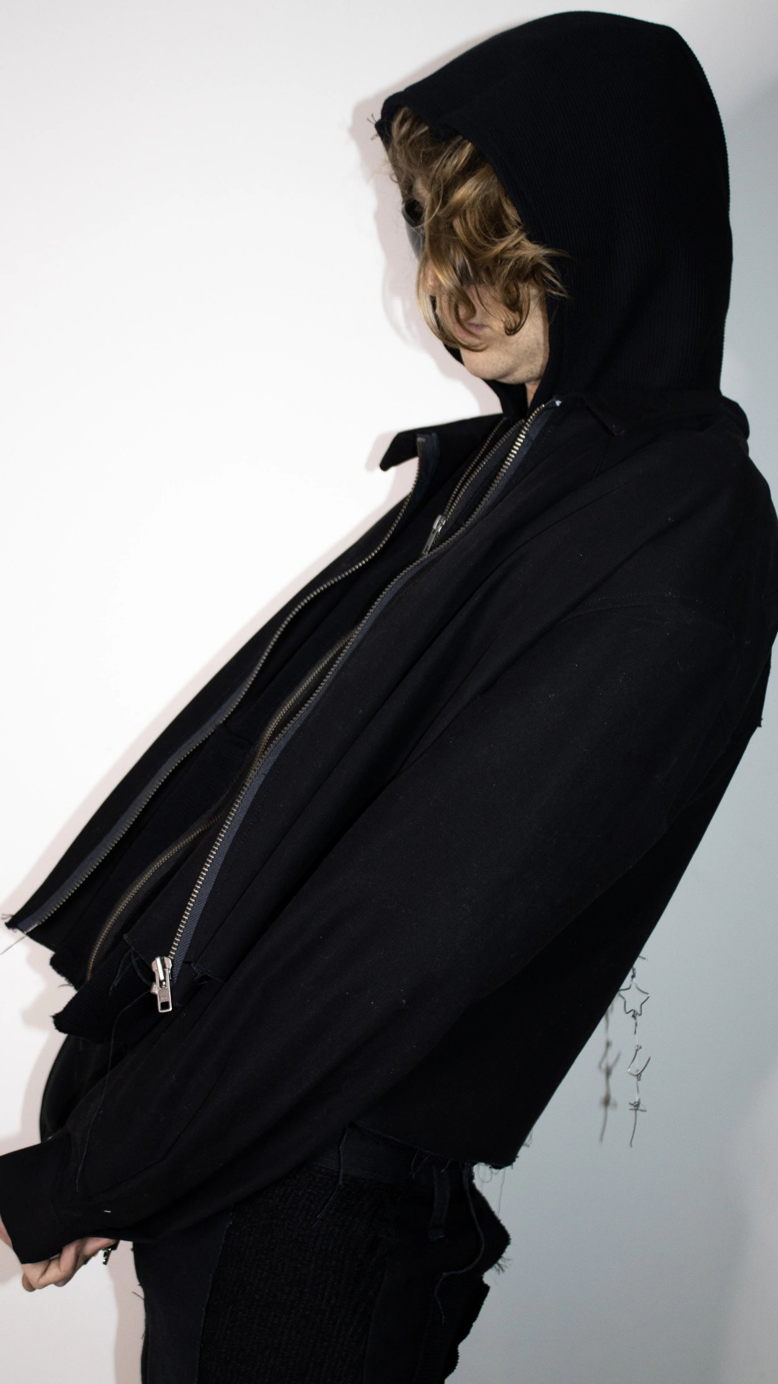 diego mcelroy pretty ballads wearing manson waxed canvas jacket thermal knit jersey and patchwork pant for conor o'driscoll cult collection  parsons fashion new york city