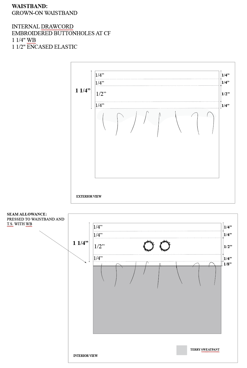 Technical sewing pattern for a grown-on waistband, shows measurements, internal drawcord, elastic encasement, and stitching details. Includes exterior and interior views with measurements and labels for construction.conor o'driscoll