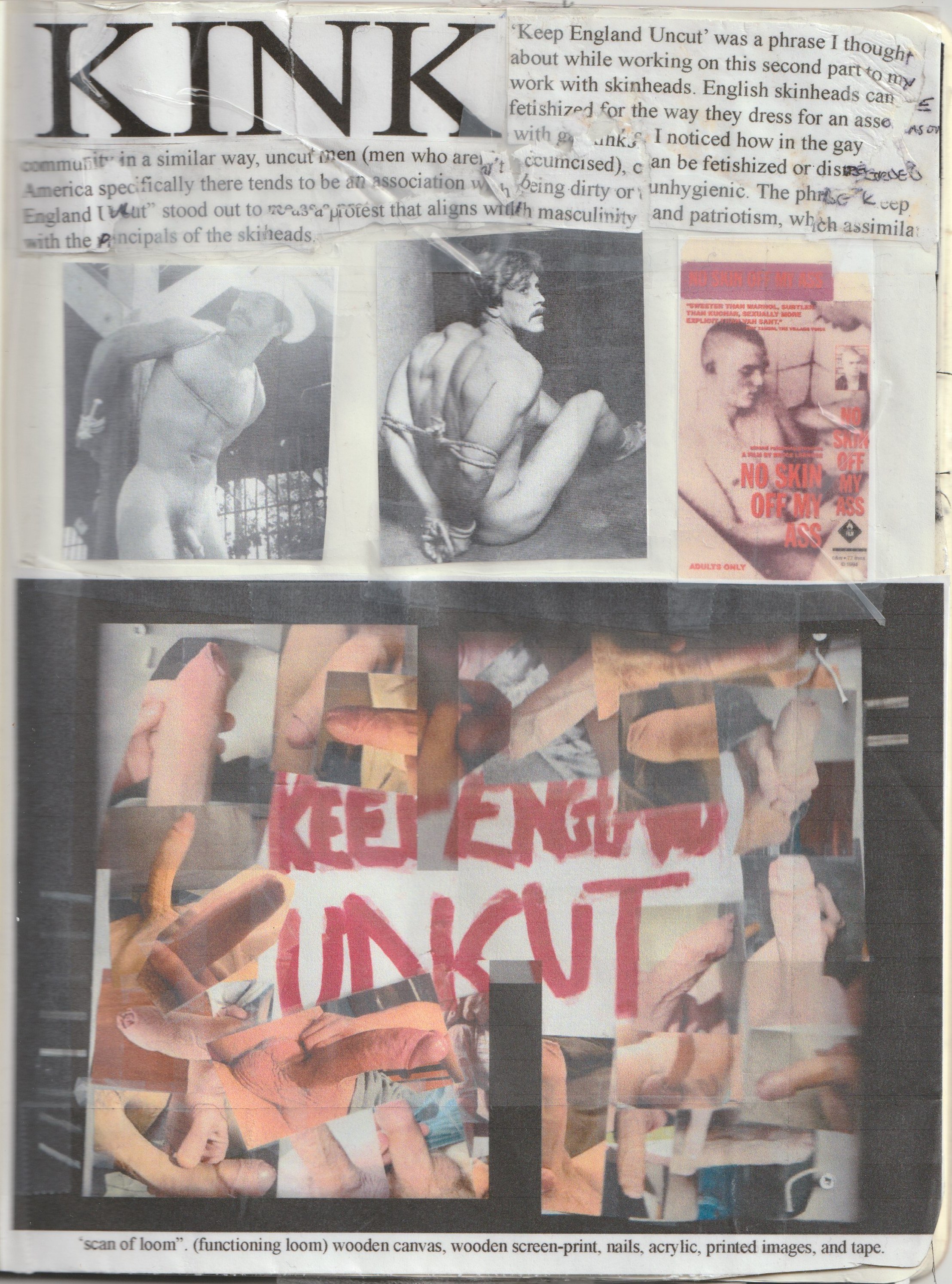 Collaged artwork featuring black and white images of unclothed men in provocative poses, a red and white protest sign, and a magazine cover with a suggestive graphic. The collage is created with cut-out photos, printed images, and handwritten text on a wooden loom canvas.