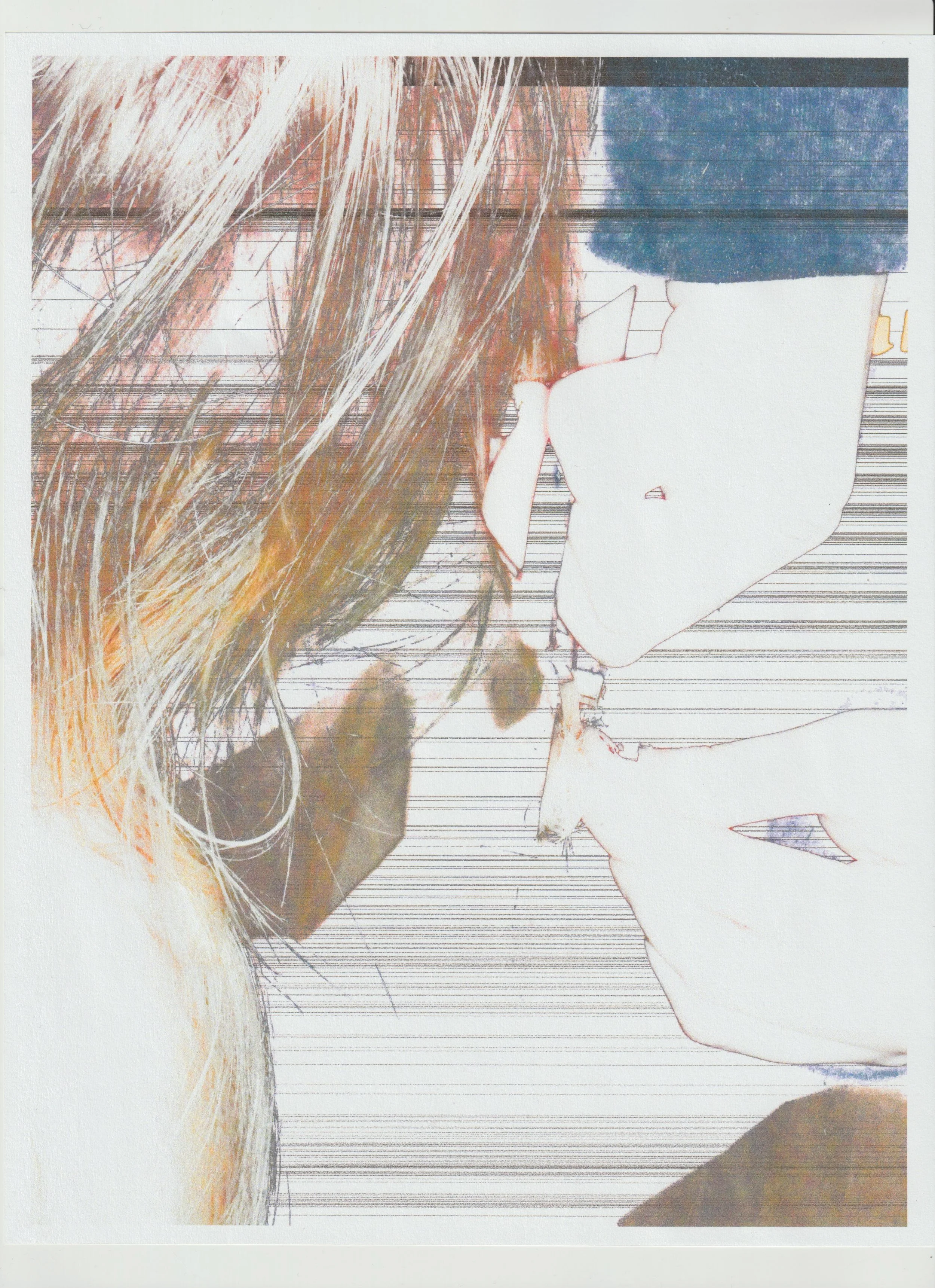 A distorted image of a person with long hair, wearing a white top and dark pants, seated and leaning forward, with visible horizontal lines across the image. conor o'driscoll