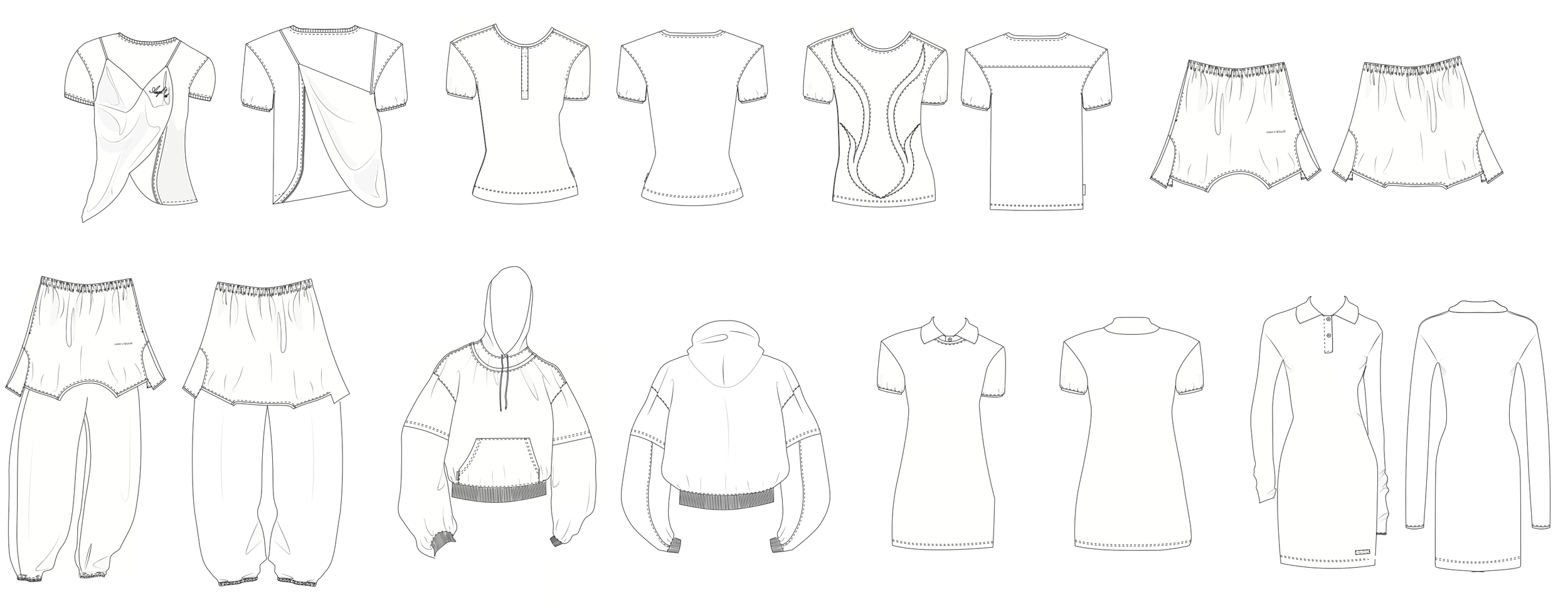 Outline sketches of various clothing items including T-shirts, shorts, hoodies, dresses, and pants arranged in two rows.