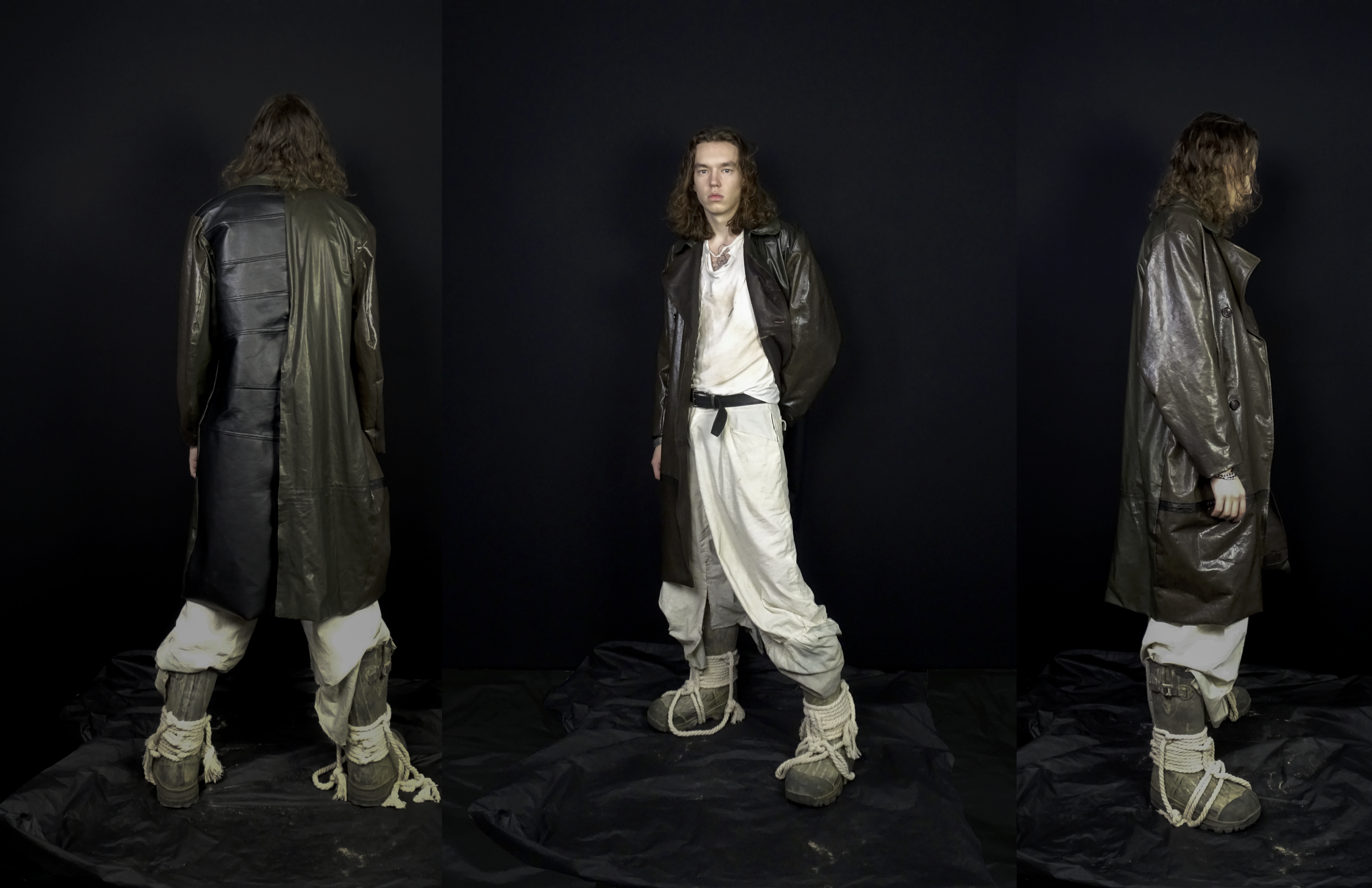 elliott zylstra in leather trench dirty tank top muslin worn pants by conor odriscoll