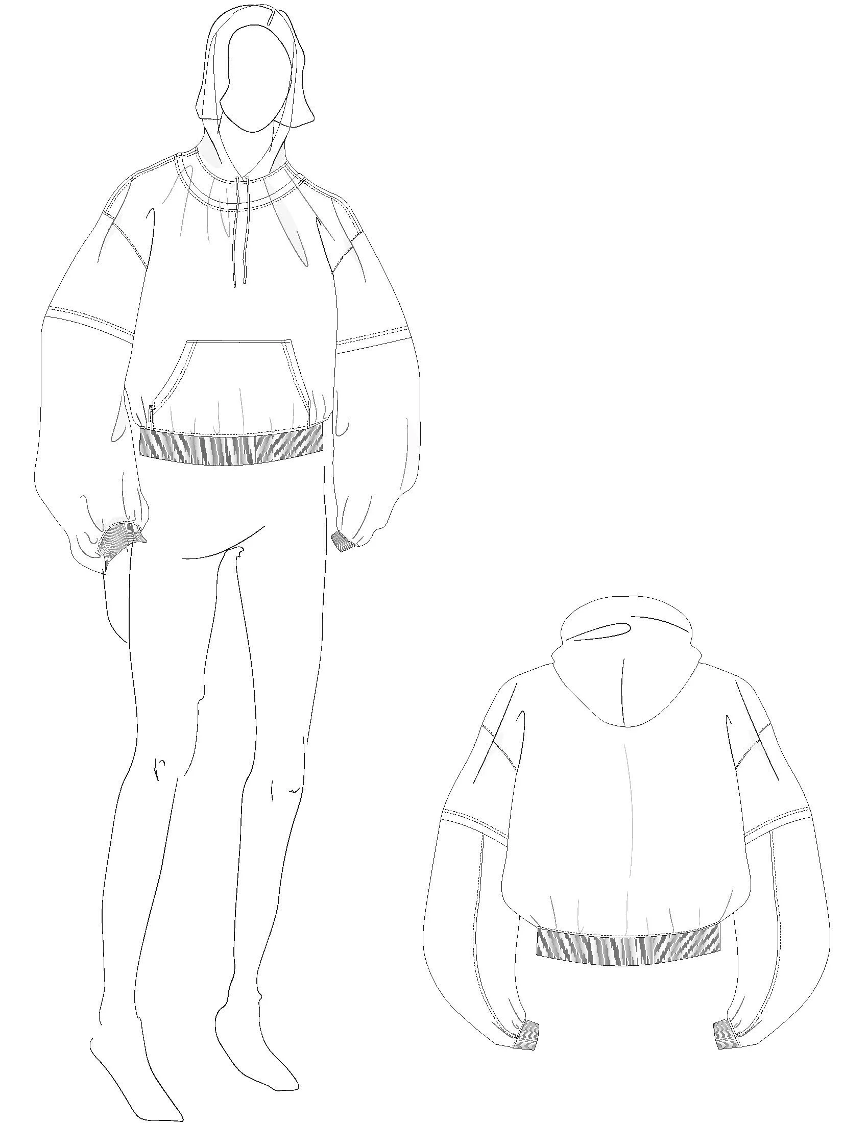 Outline sketch of a woman in a hooded jacket and pants, with a separate sketch of the jacket's back view. conor o'driscoll