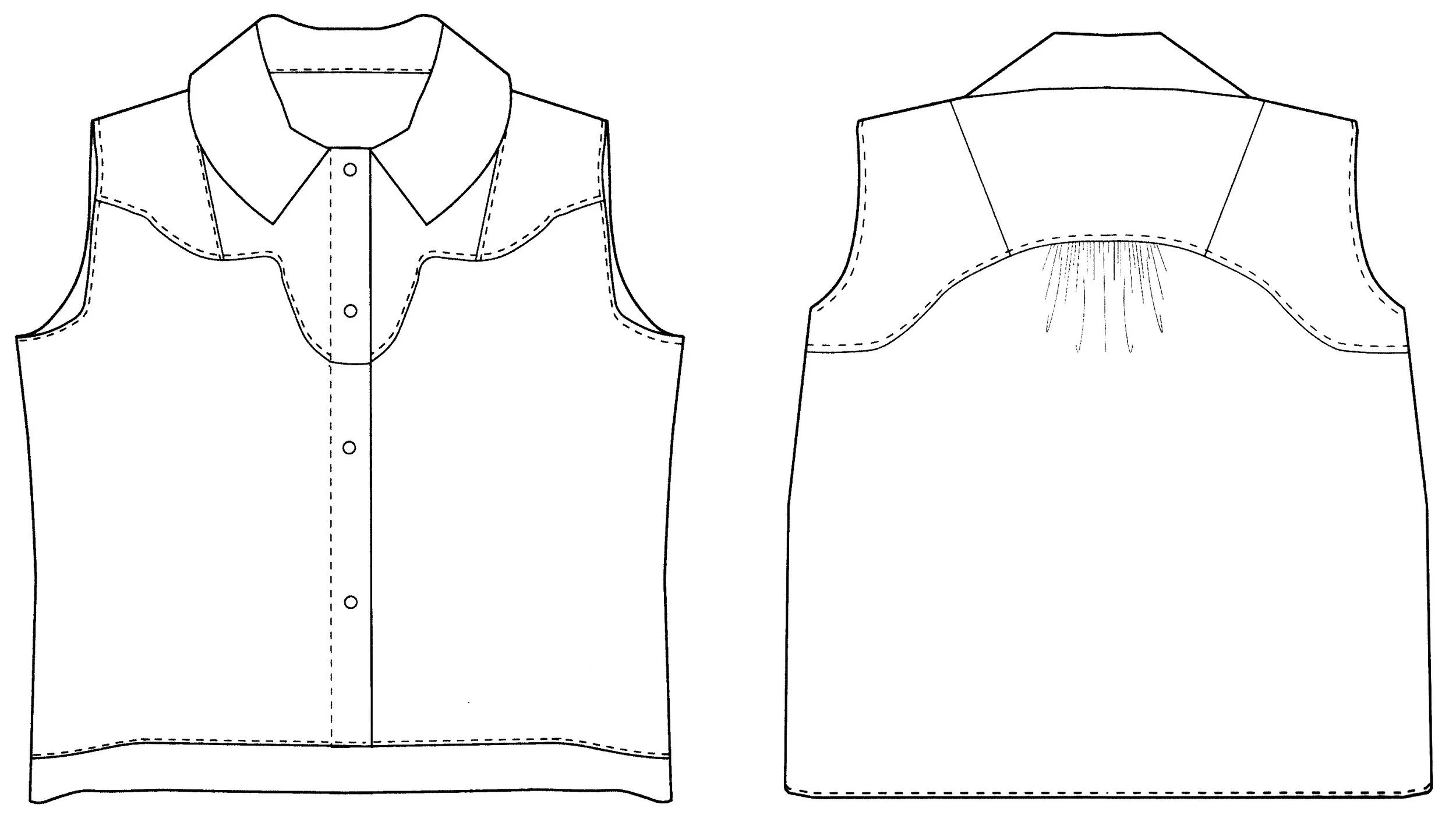Technical drawing of a sleeveless shirt with a collar, front button closure, and decorative stitching, shown from the front and back.