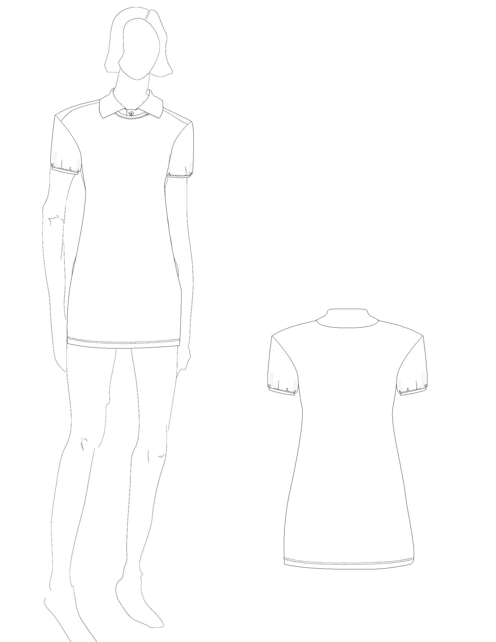 A clothing sketch featuring a female figure and a separate dress design, both with short, puffed sleeves and a collar. conor o'driscoll