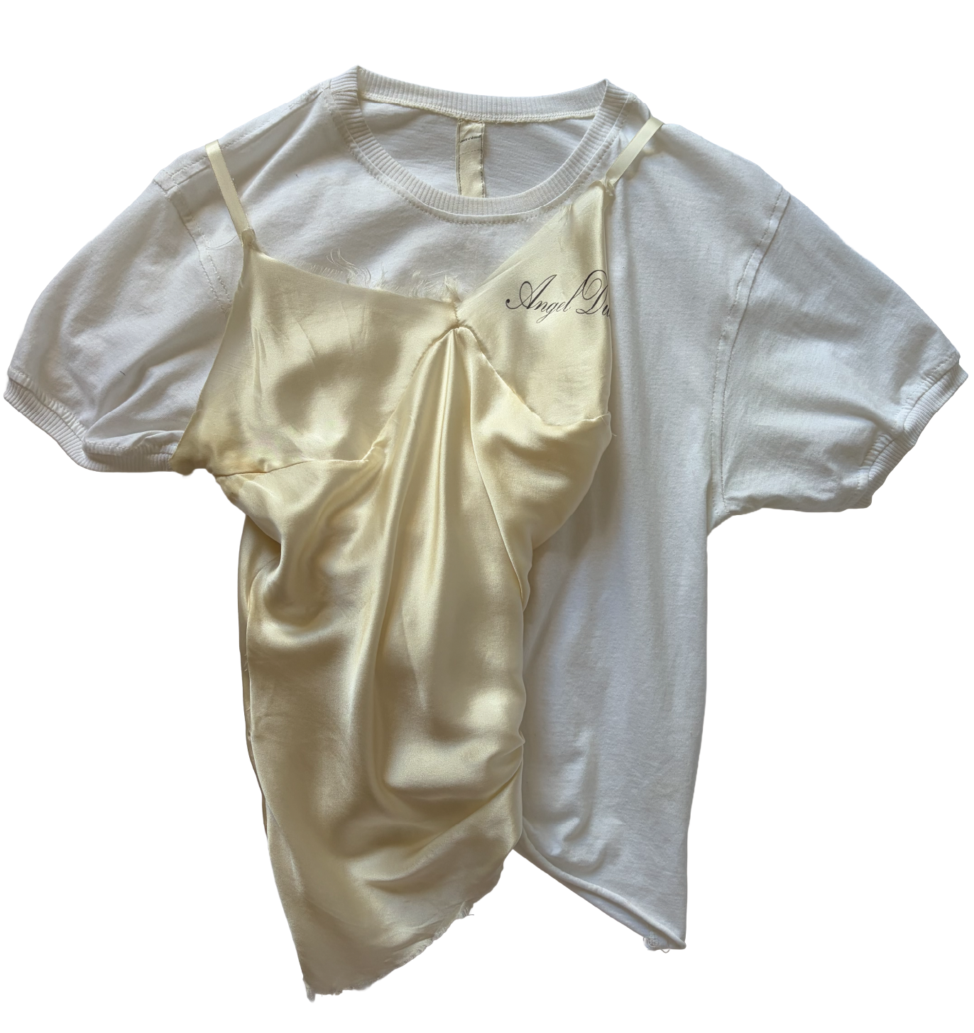 draped half silk cami twist combo & baby t-shirt base top with dynamic straps for styling and printed graphics by conor o'driscoll