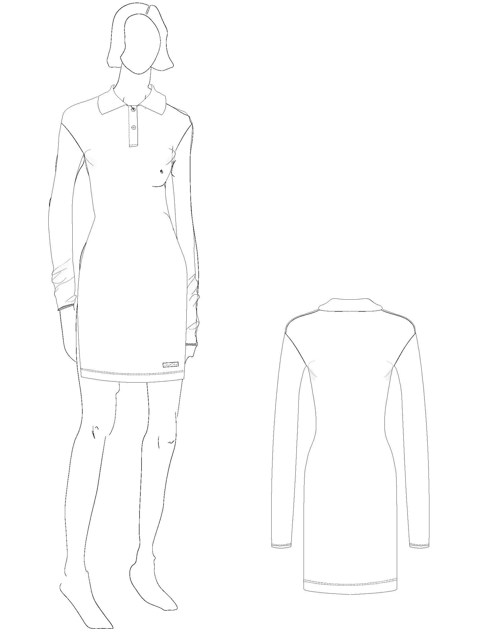 Line drawing of a woman in a long-sleeve dress with a collar, standing next to a long-sleeve jacket seen from the back. conor o'driscoll
