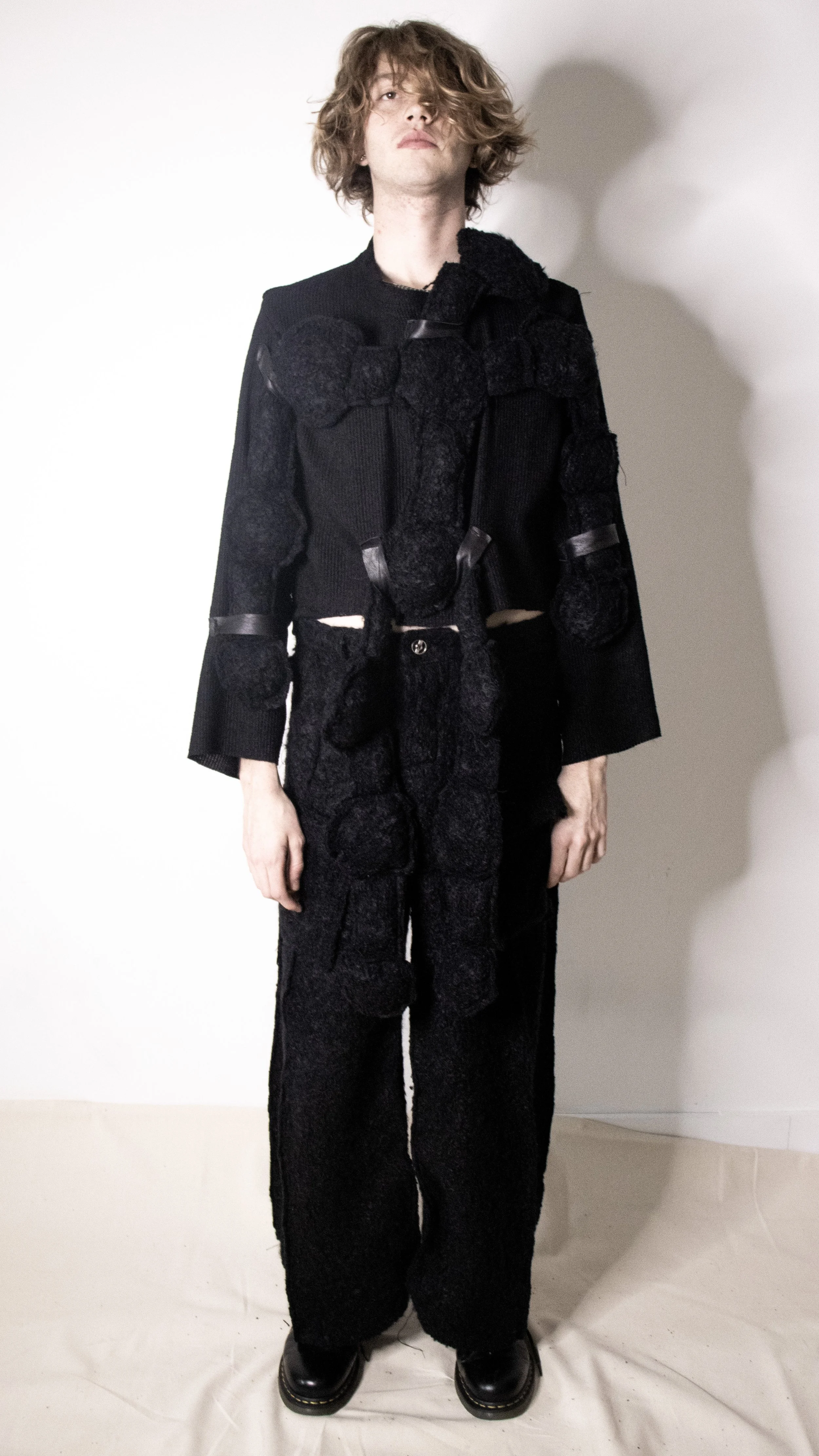 diego mcelroy pretty ballads wearing dummy mohair crewneck and mohair oversized pants for conor o'driscoll cult collection  parsons fashion new york city