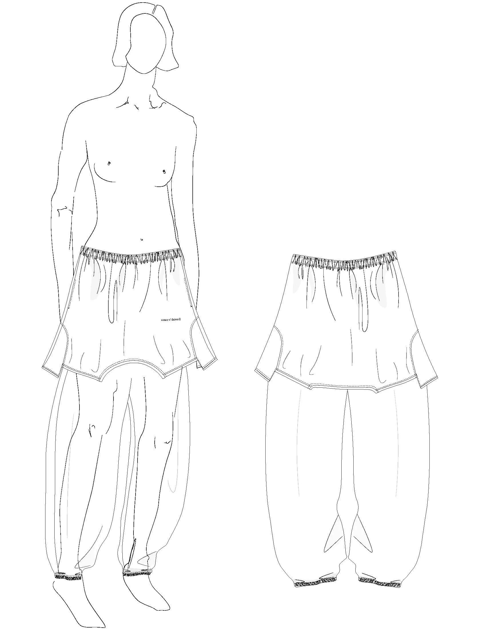 Line drawing of a person wearing shorts and baggy pants, with a front and back view of the shorts. conor o'driscoll