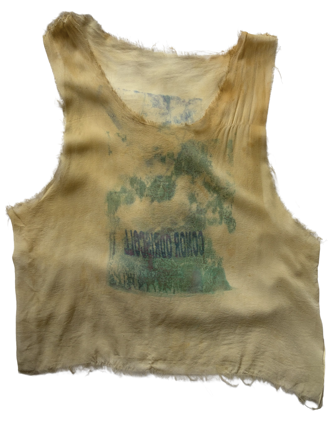 true unisex-fit sheer silk chiffon tank top with stacked ink-saturated graphics, dyed-worn look, hand-sewn and machine construction, and frayed raw hems. by conor o'driscoll