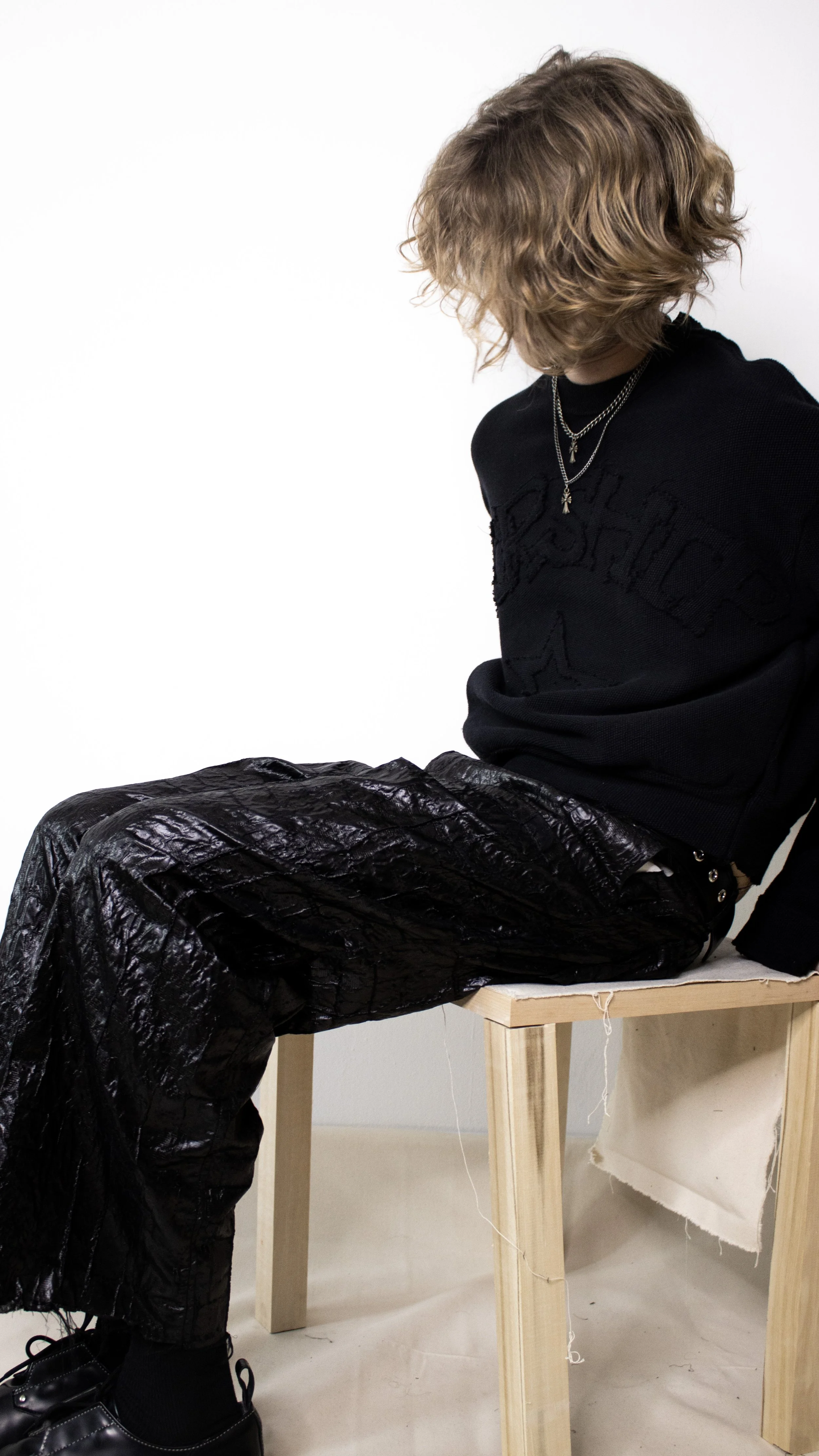 diego mcelroy pretty ballads wearing trash pants and worship crewneck for conor o'driscoll cult collection  parsons fashion new york city