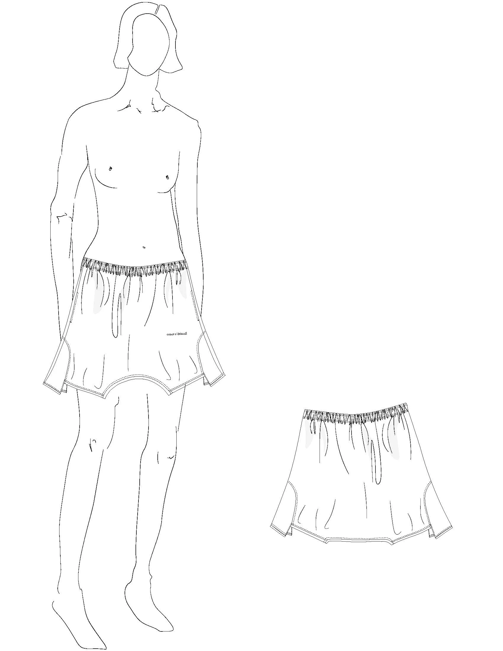 Line drawing of a female figure wearing shorts, with an additional shorts sketch to the right. conor o'driscoll