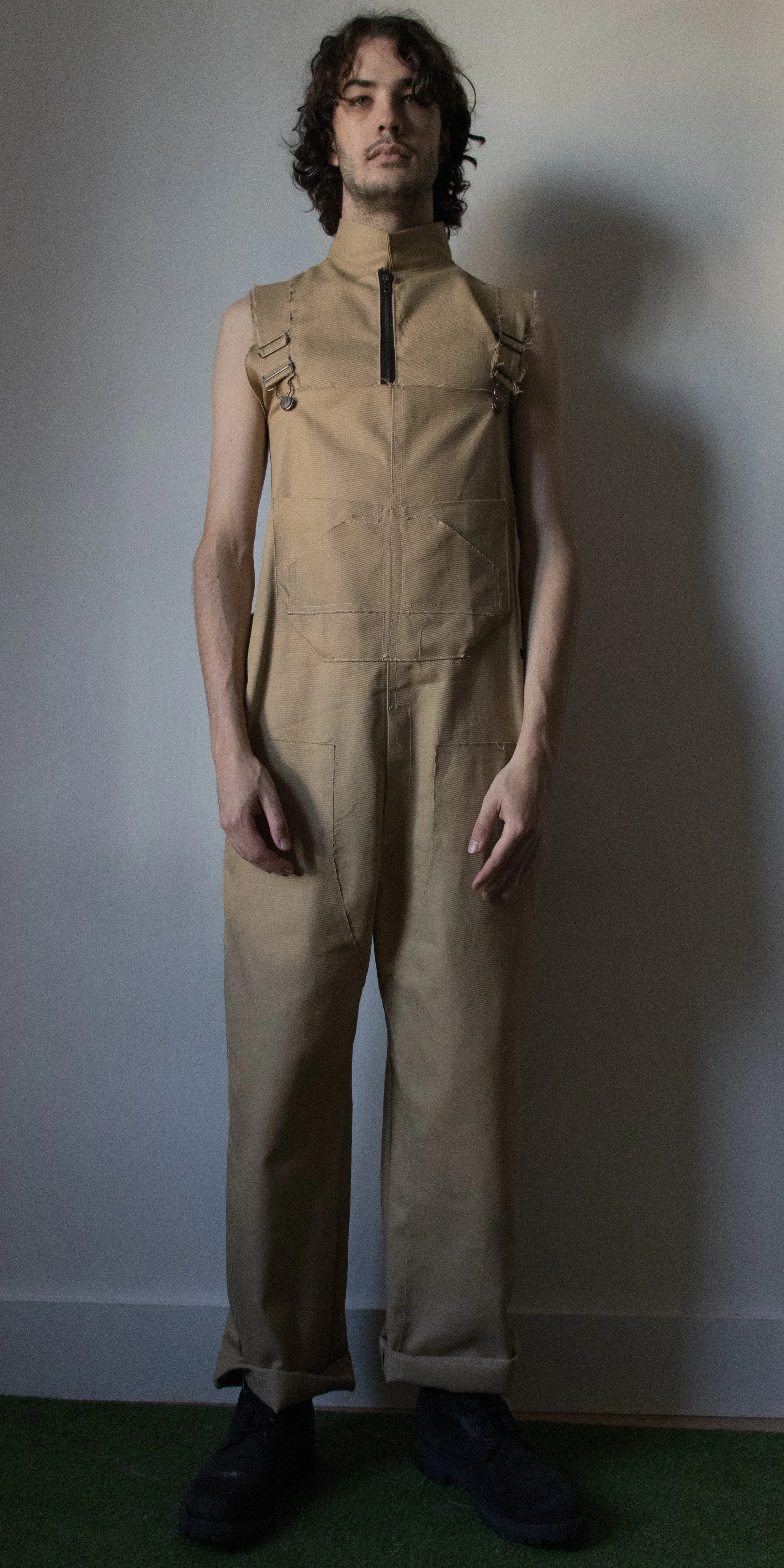 darcy wearing work top canvas overalls  by conor odriscoll for defective workwear collection conor o'driscoll new york city nyc