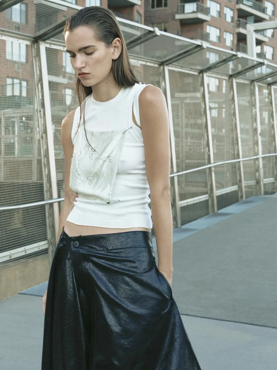 conor o’driscoll conor odriscoll. new york runway fashion designer atelier. 2026 model wearing silk tank top with horse print 2